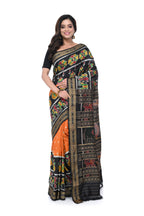 Black Khandua Silk Saree with Orange Base & Animal Motif Pallu