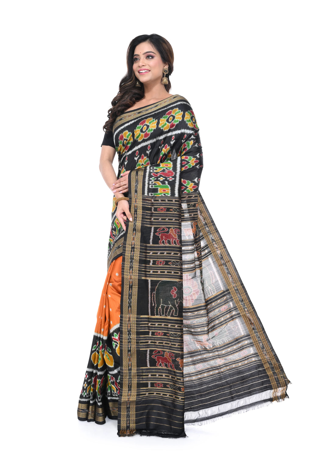 Black Khandua Silk Saree with Orange Base & Animal Motif Pallu