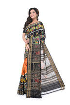 Black Khandua Silk Saree with Orange Base & Animal Motif Pallu