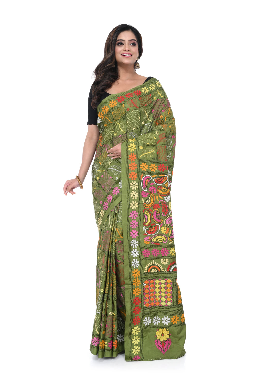 Bangalore Silk Saree with Pink - Yellow Kantha Work
