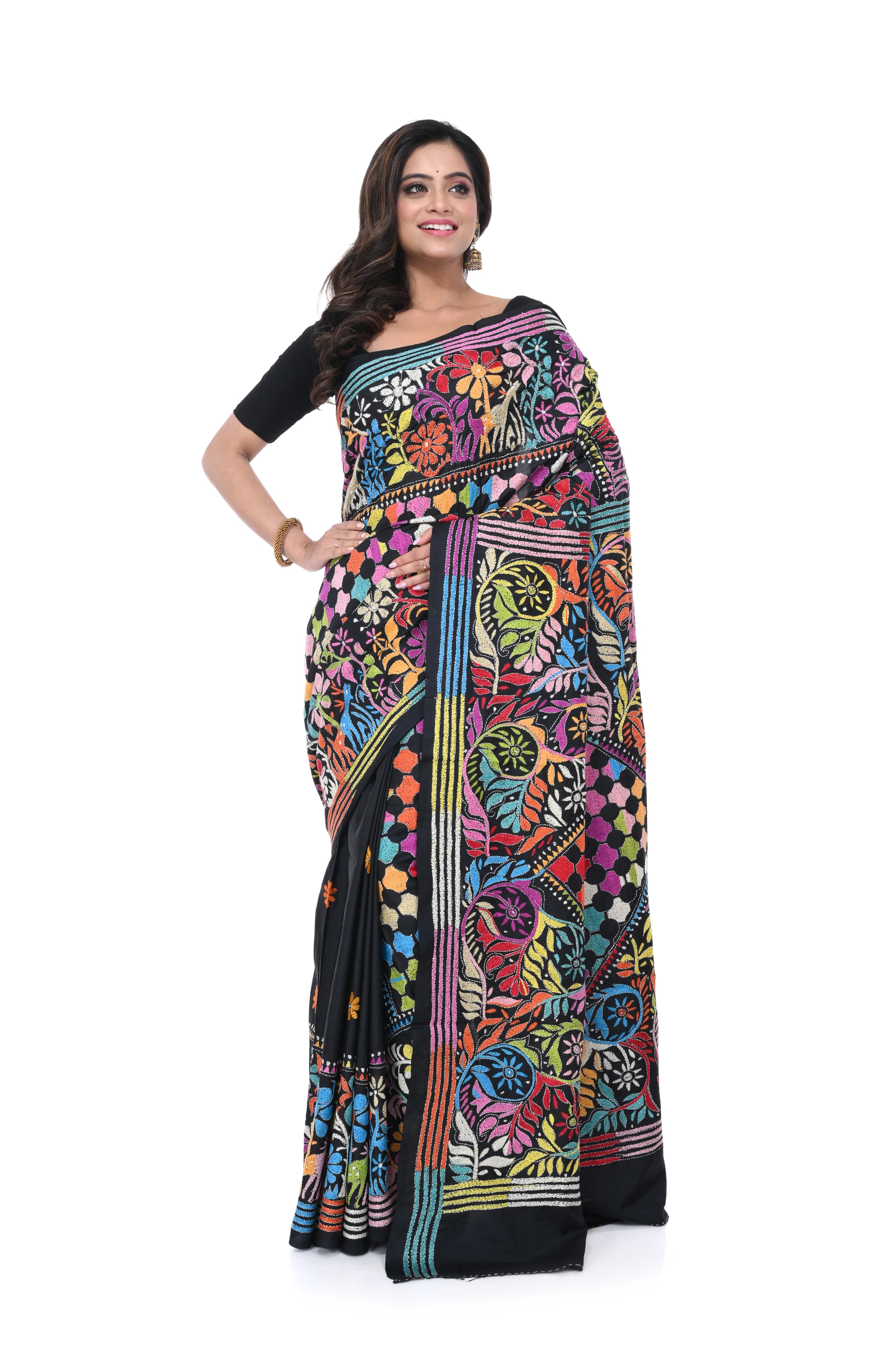 Black Pure Silk Kantha Saree with Multicolour Thread Work