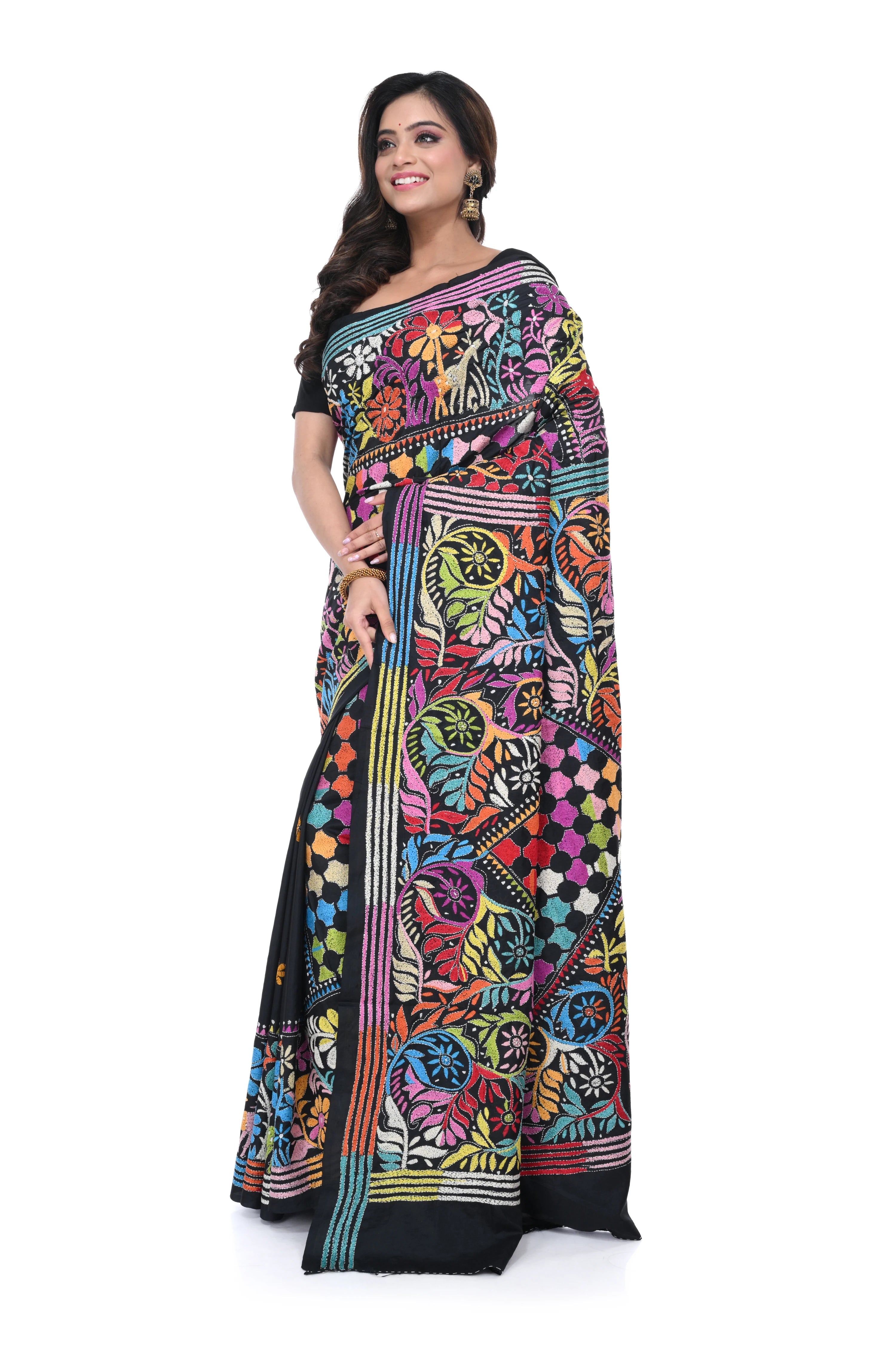 Black Pure Silk Kantha Saree with Multicolour Thread Work