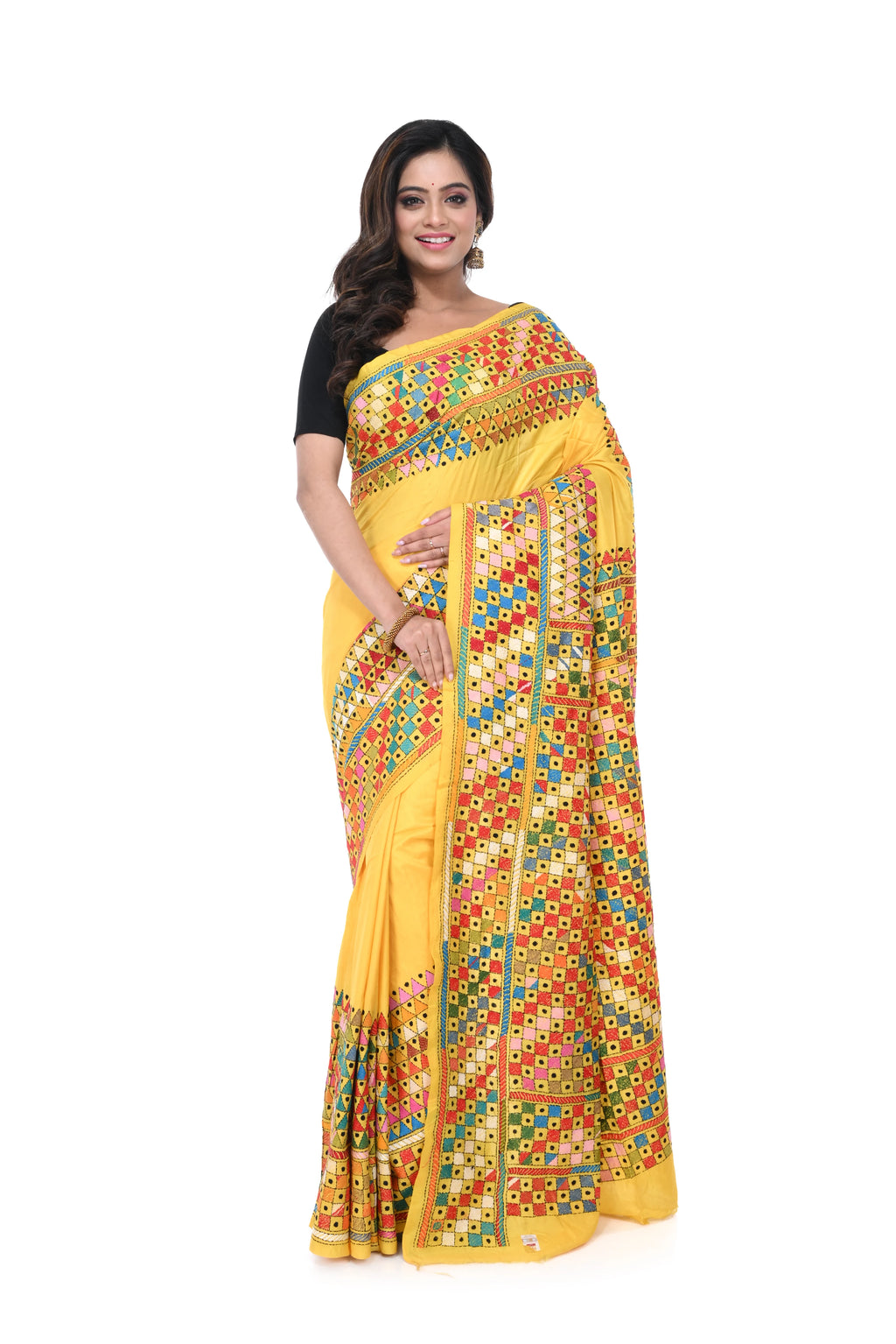 Yellow Pure Silk Saree with Geometric Motif Work