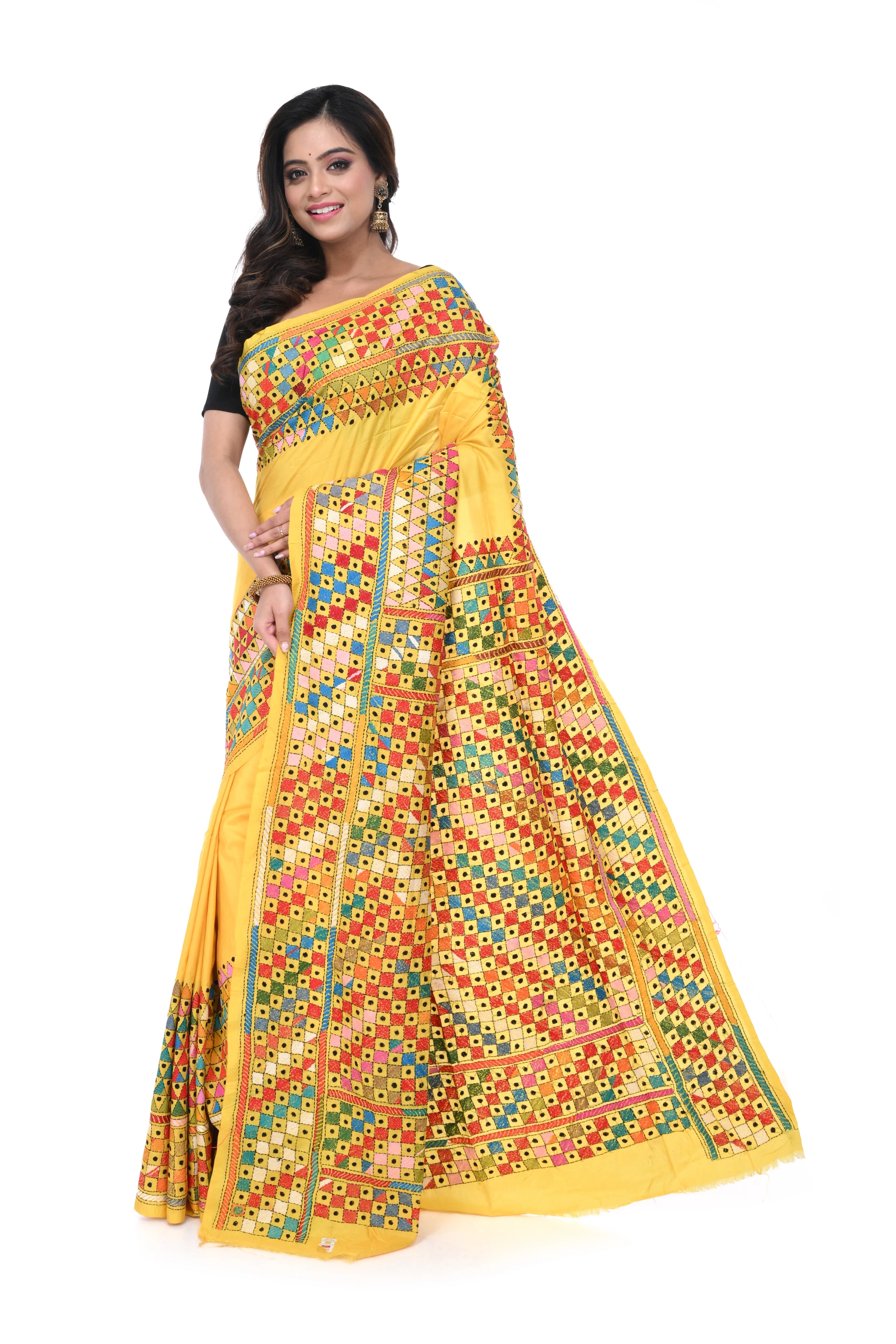 Yellow Pure Silk Saree with Geometric Motif Work