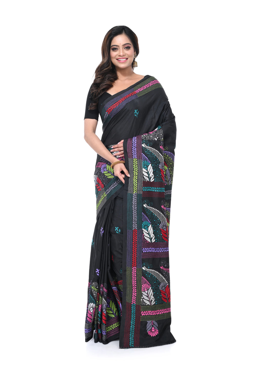 Black Semi Bangalore Silk Saree with Multicolour Thread Work