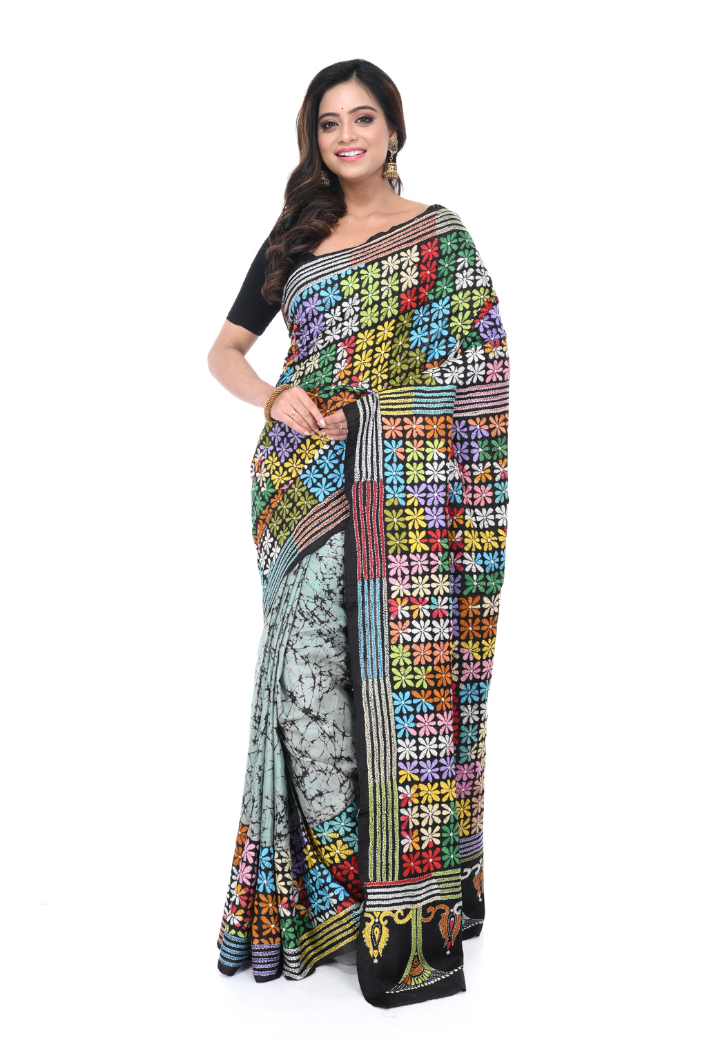 Pure Bangalore Silk Kantha Saree with Crack Batik Base