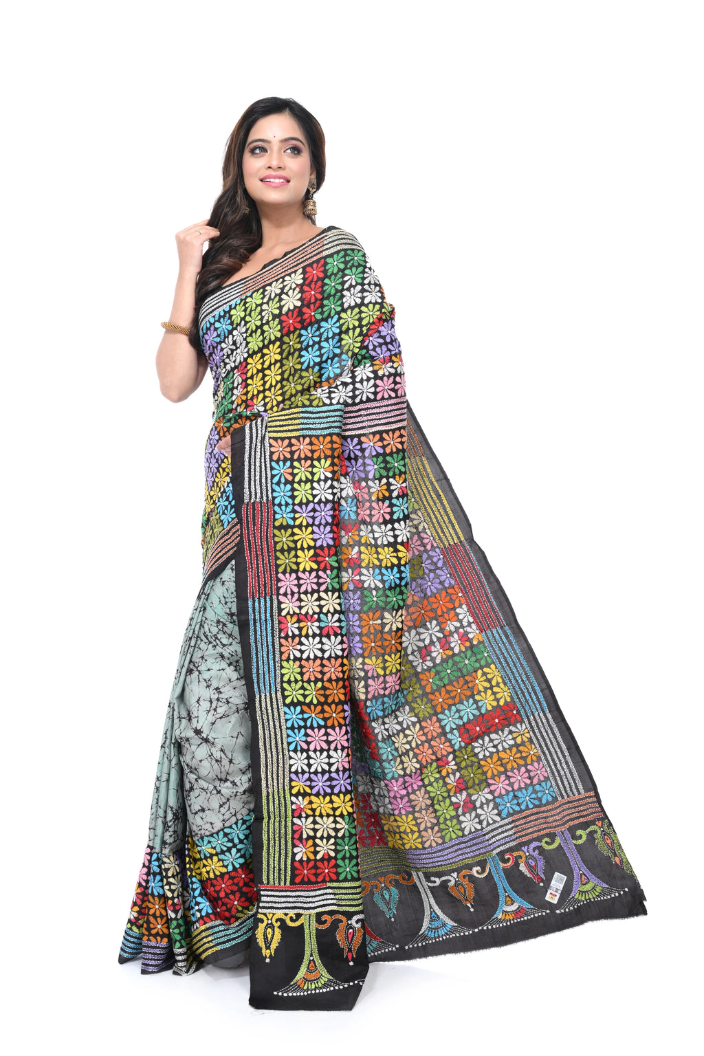 Pure Bangalore Silk Kantha Saree with Crack Batik Base
