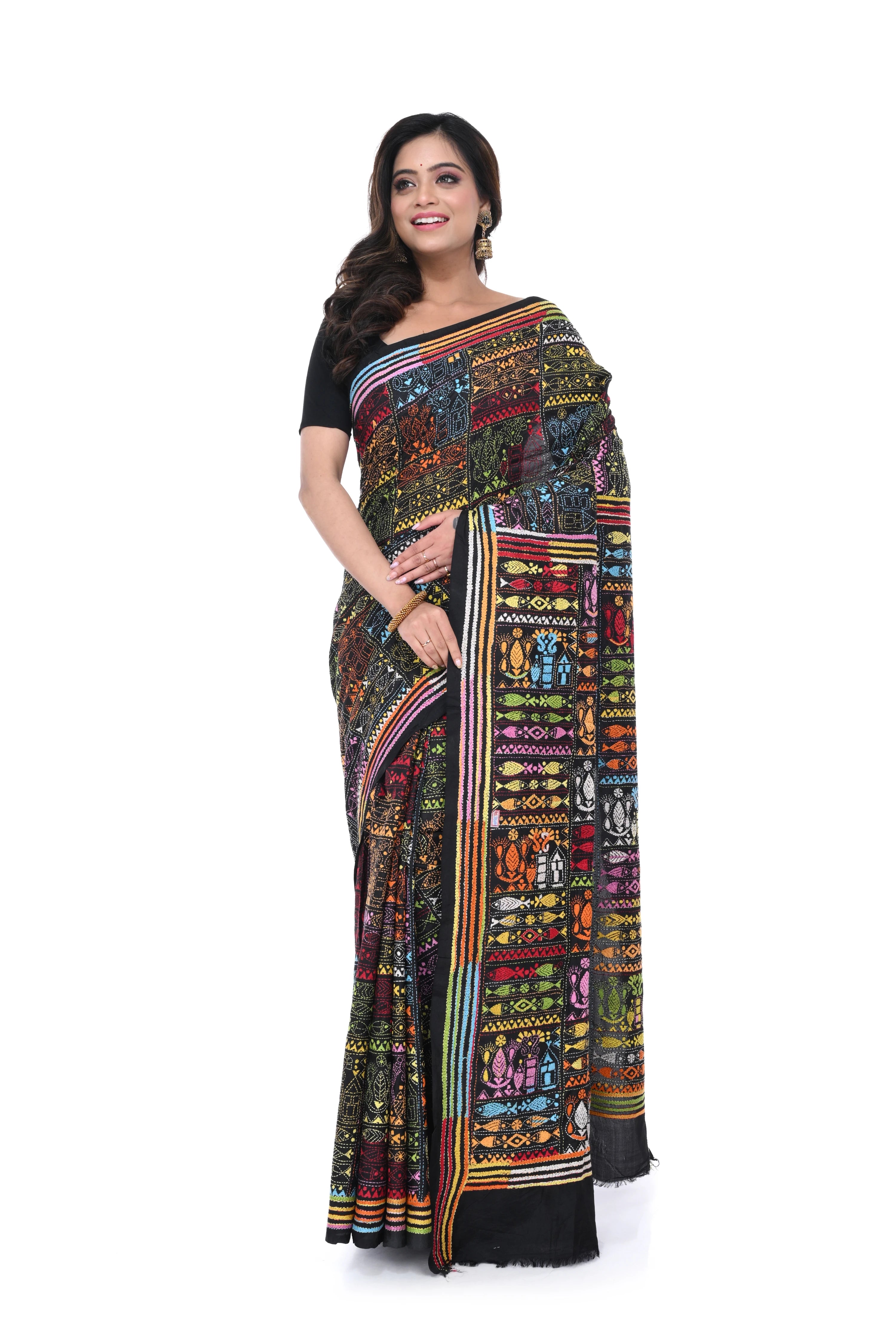 Black Pure Silk Kantha Saree with Warli Work