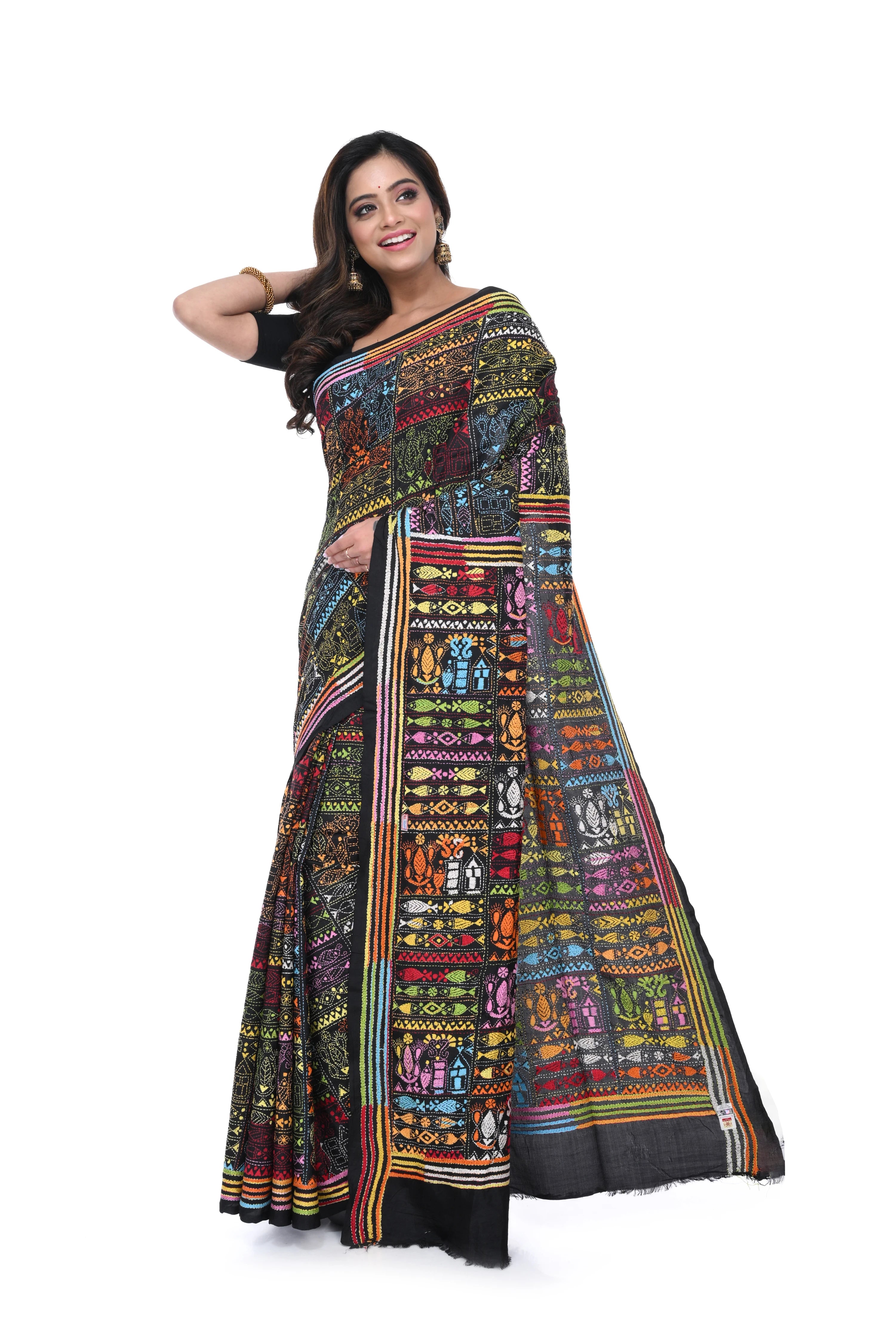 Black Pure Silk Kantha Saree with Warli Work