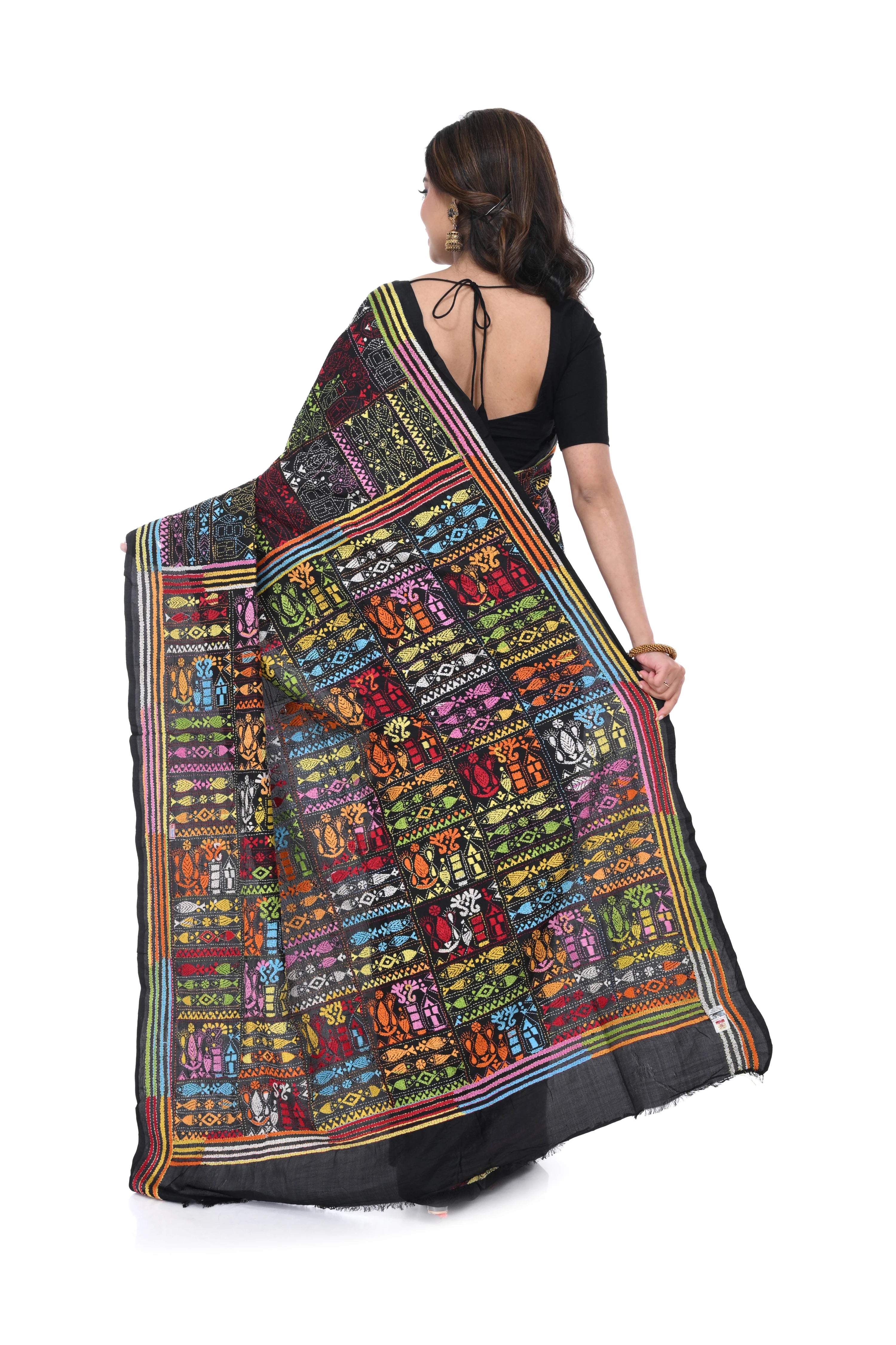 Black Pure Silk Kantha Saree with Warli Work