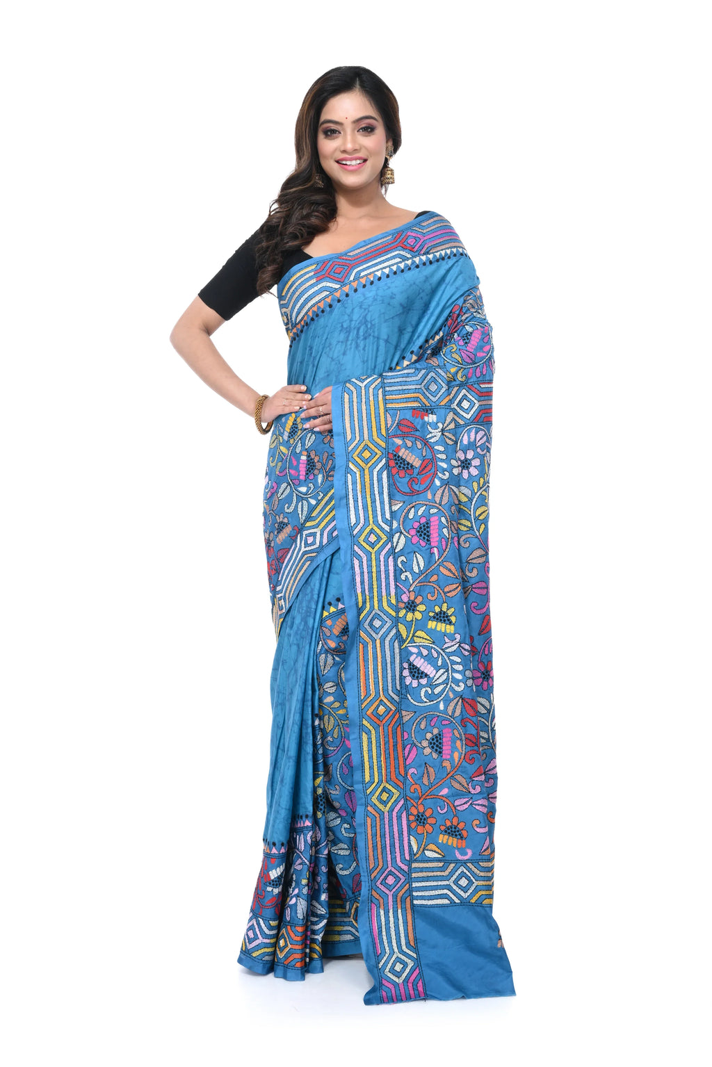 Black Semi Bangalore Silk Saree with Kantha Allover Work