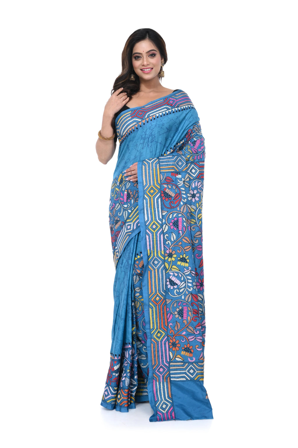 Black Semi Bangalore Silk Saree with Kantha Allover Work