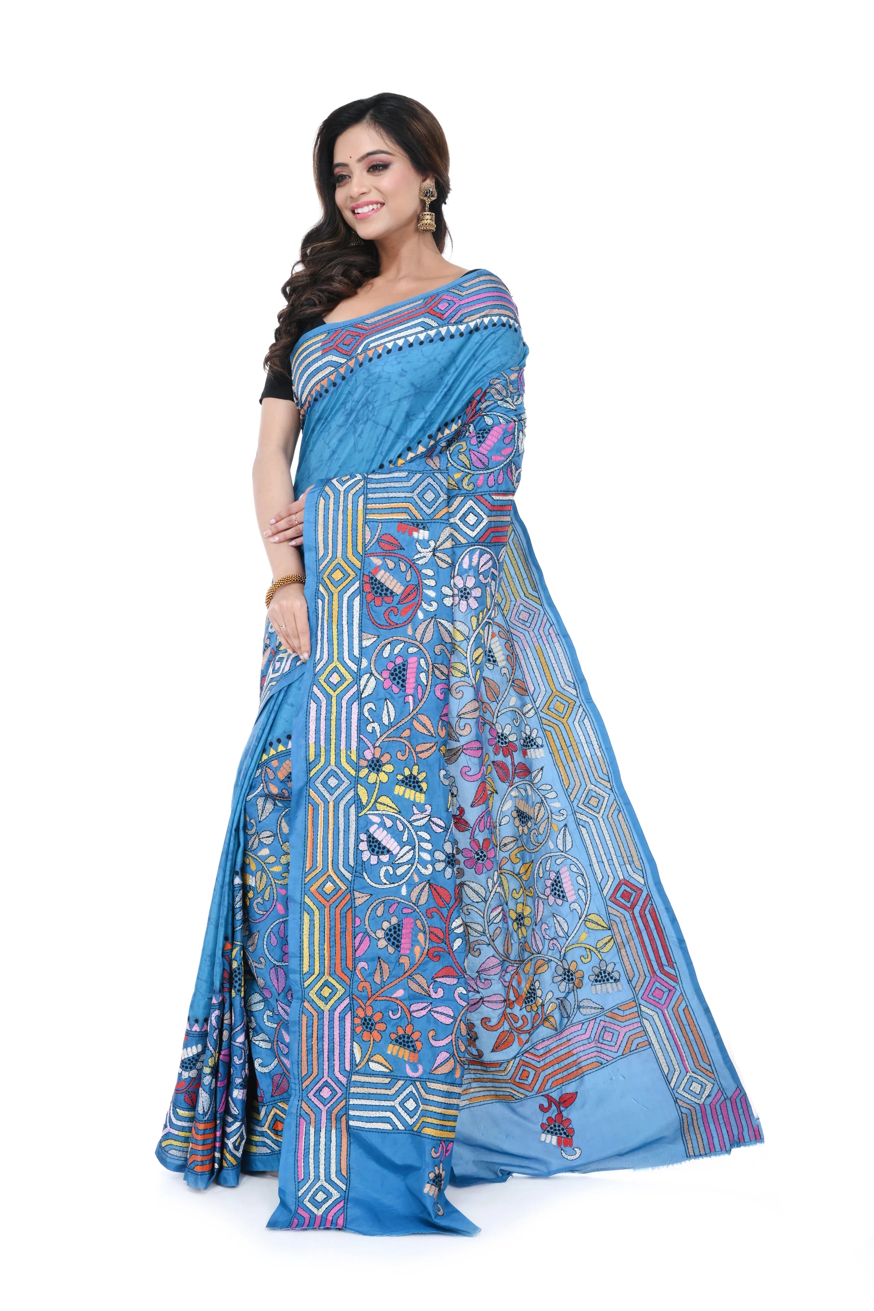 Black Semi Bangalore Silk Saree with Kantha Allover Work