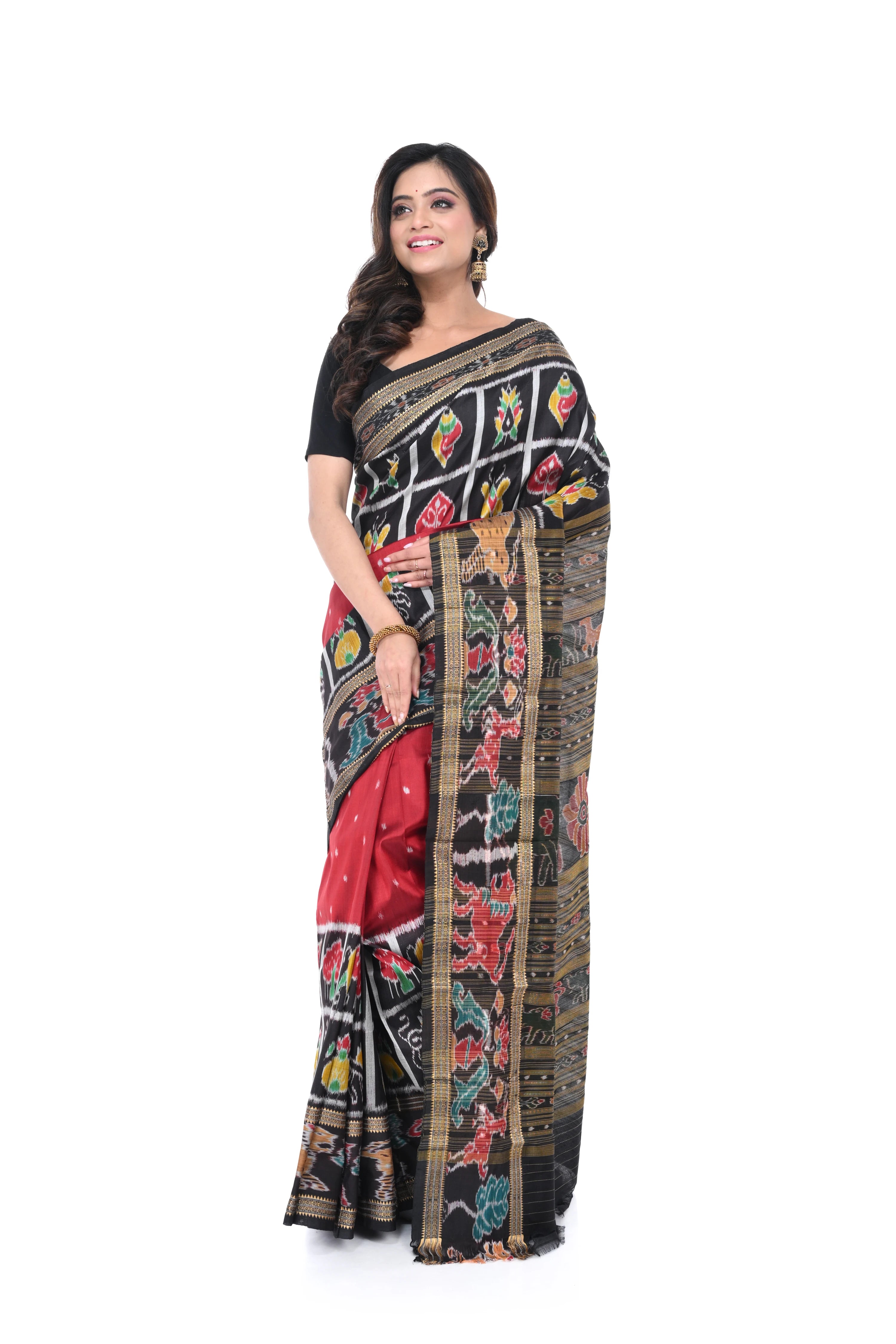 Pure Khandua Silk Saree in Red - Black Combination with Animal Motif Border