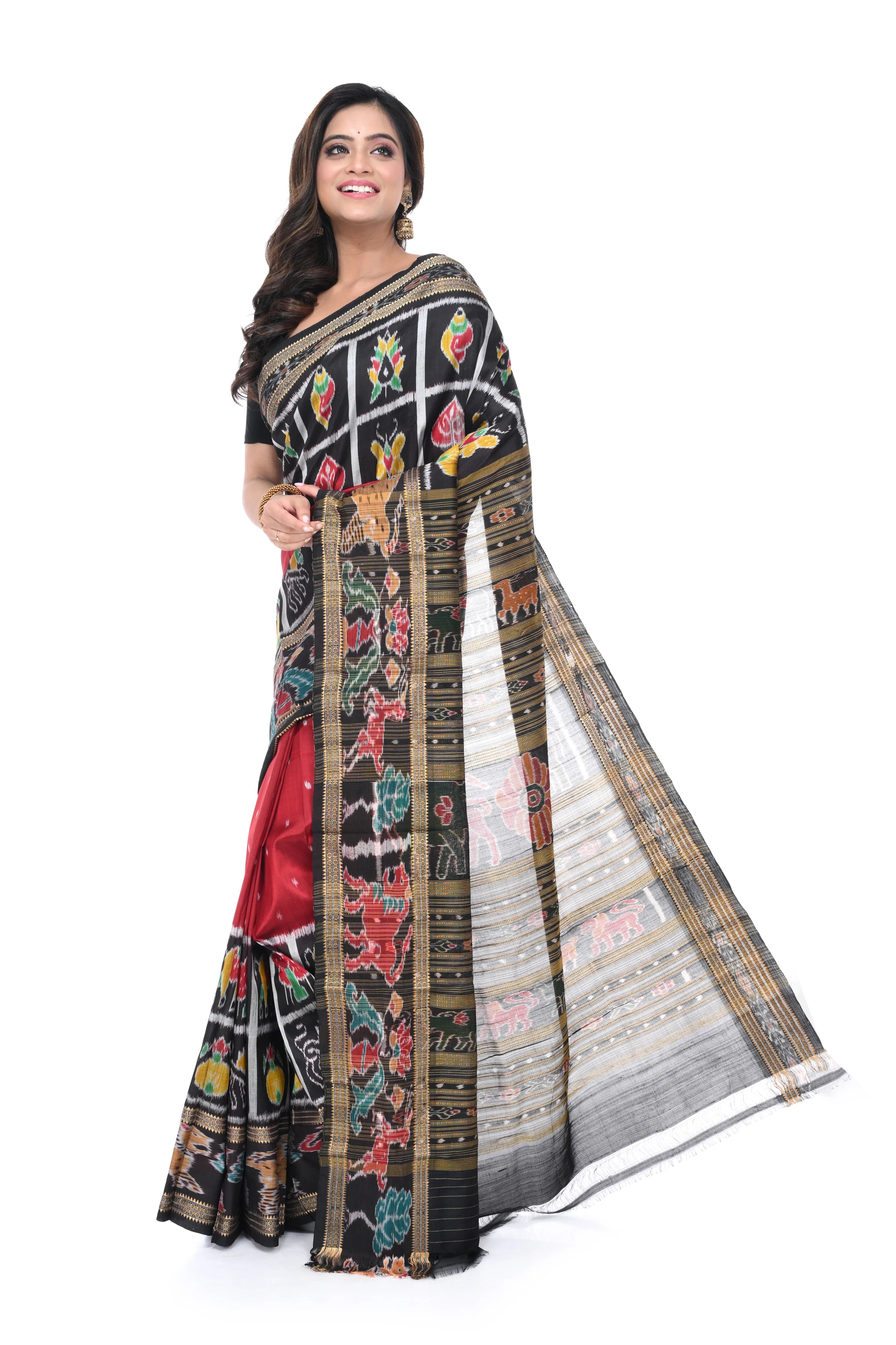 Pure Khandua Silk Saree in Red - Black Combination with Animal Motif Border