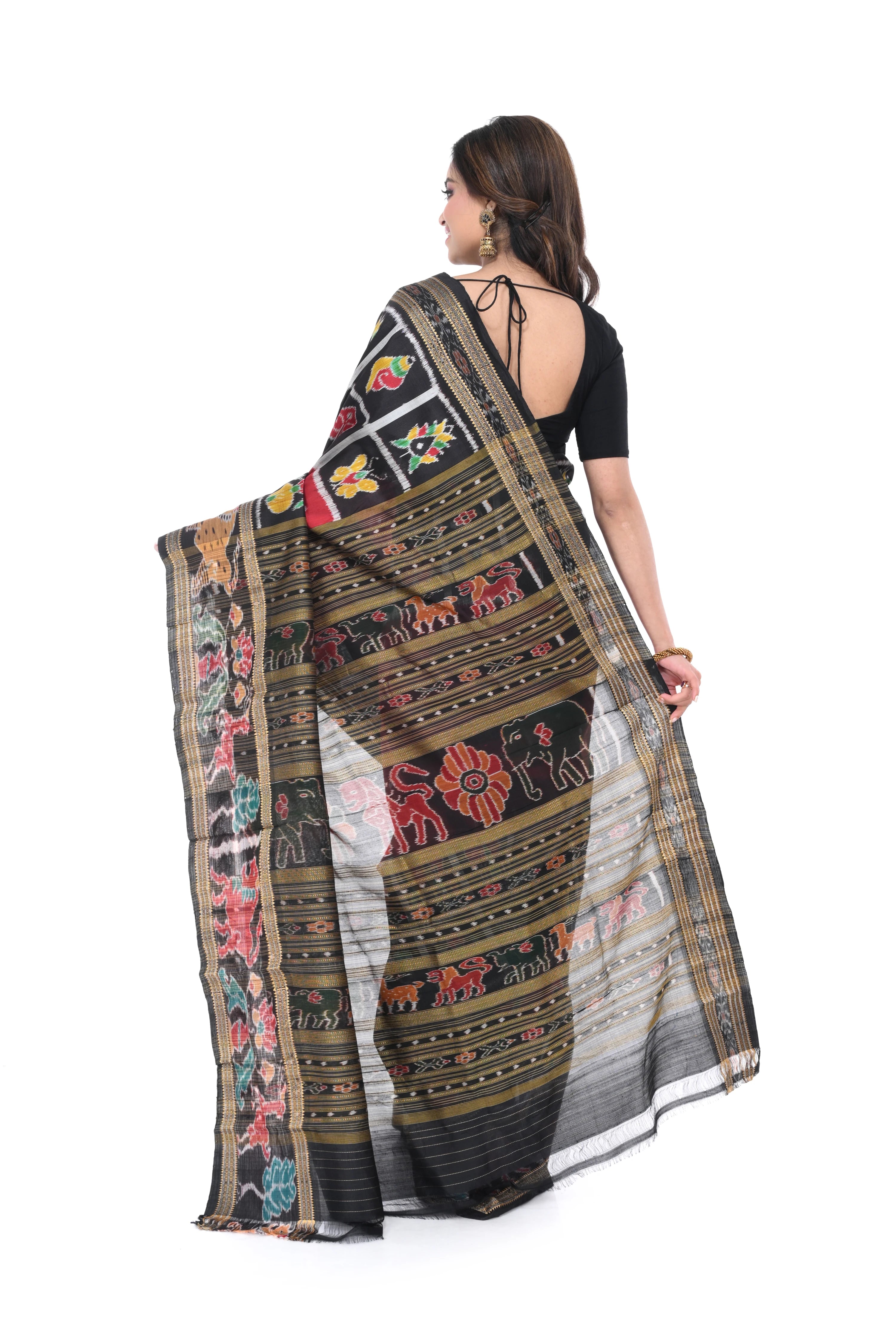 Pure Khandua Silk Saree in Red - Black Combination with Animal Motif Border