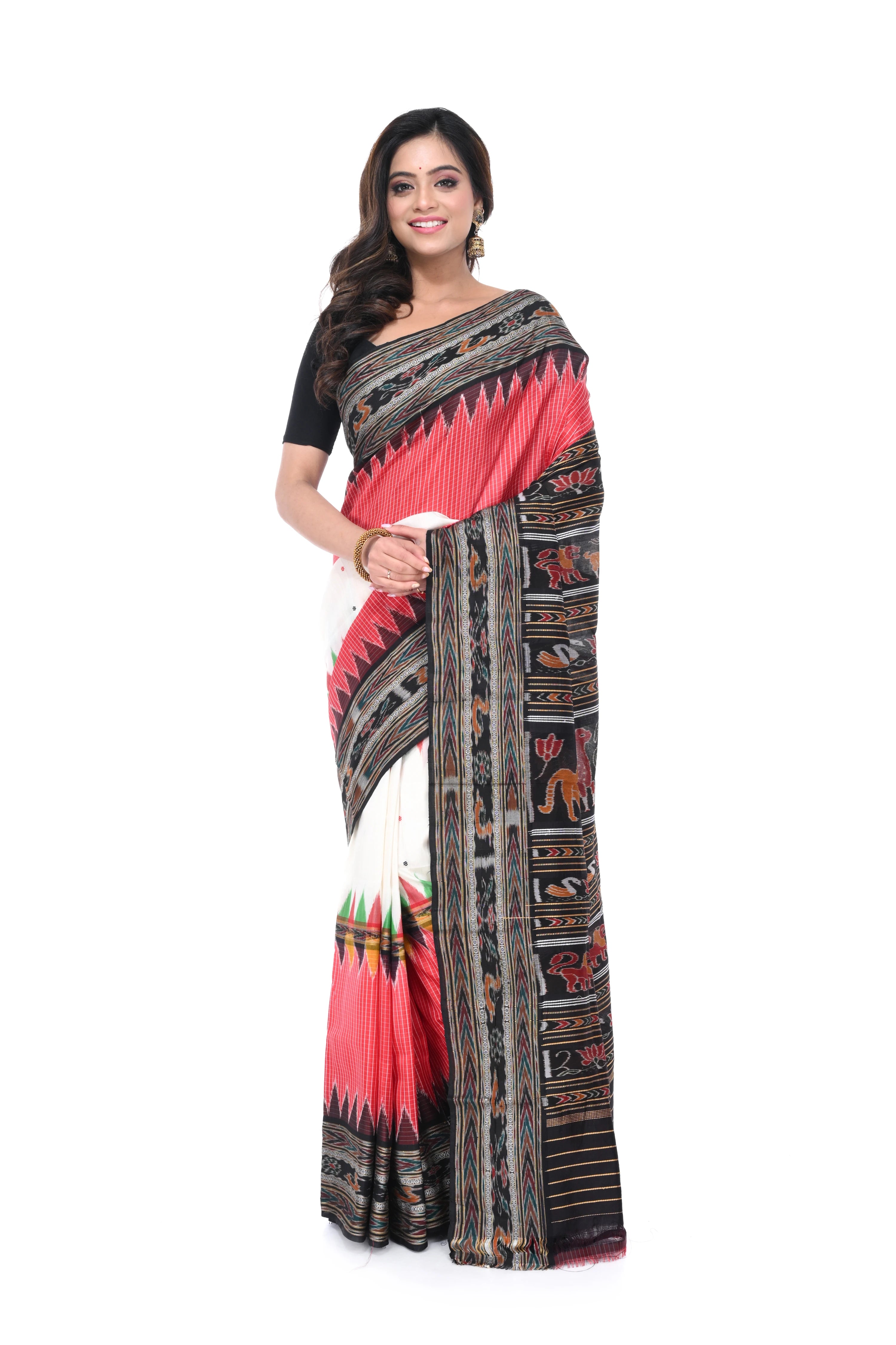 Red - White - Black Khandua Silk Saree with Animal Motif Border