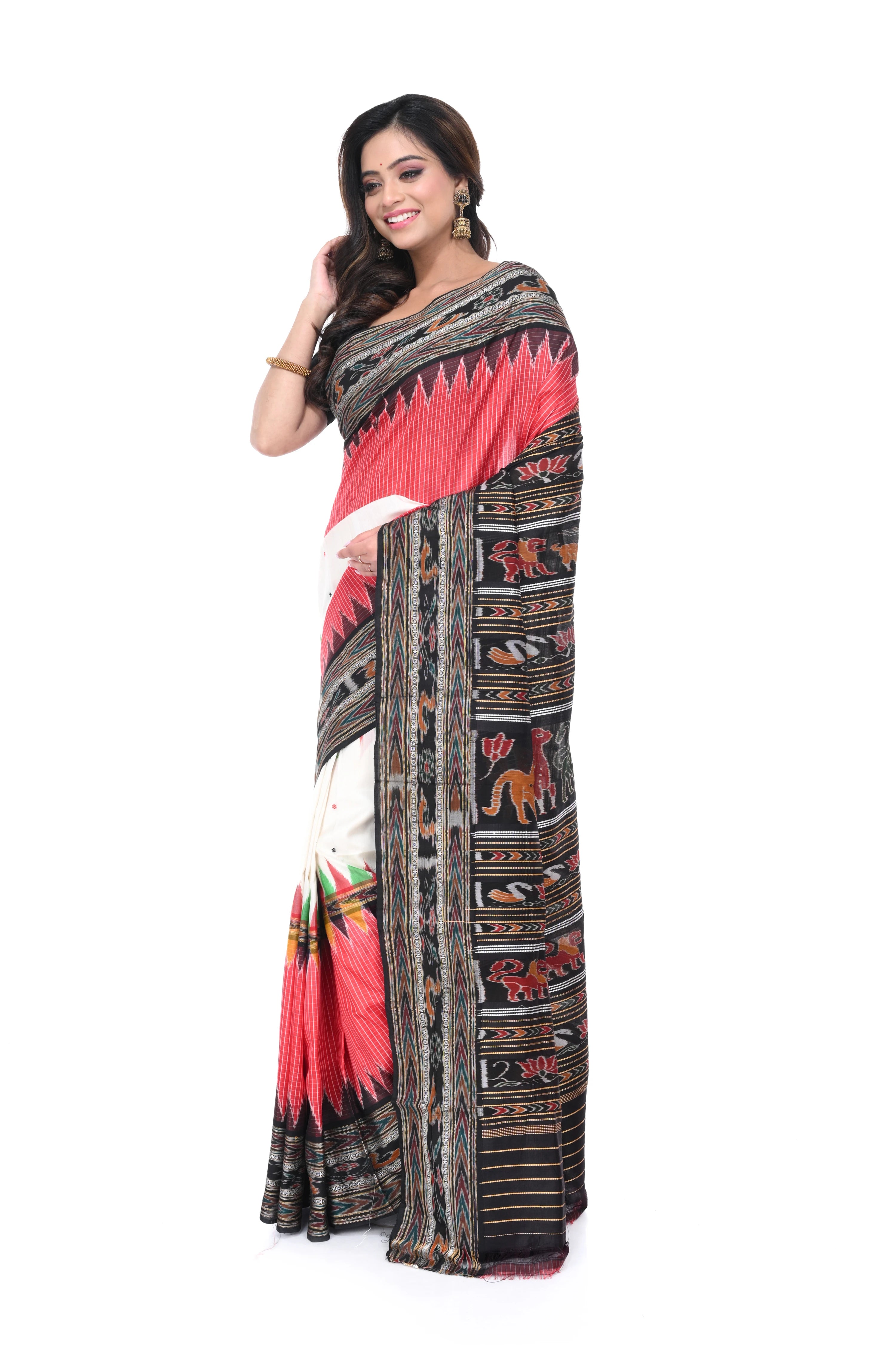 Red - White - Black Khandua Silk Saree with Animal Motif Border