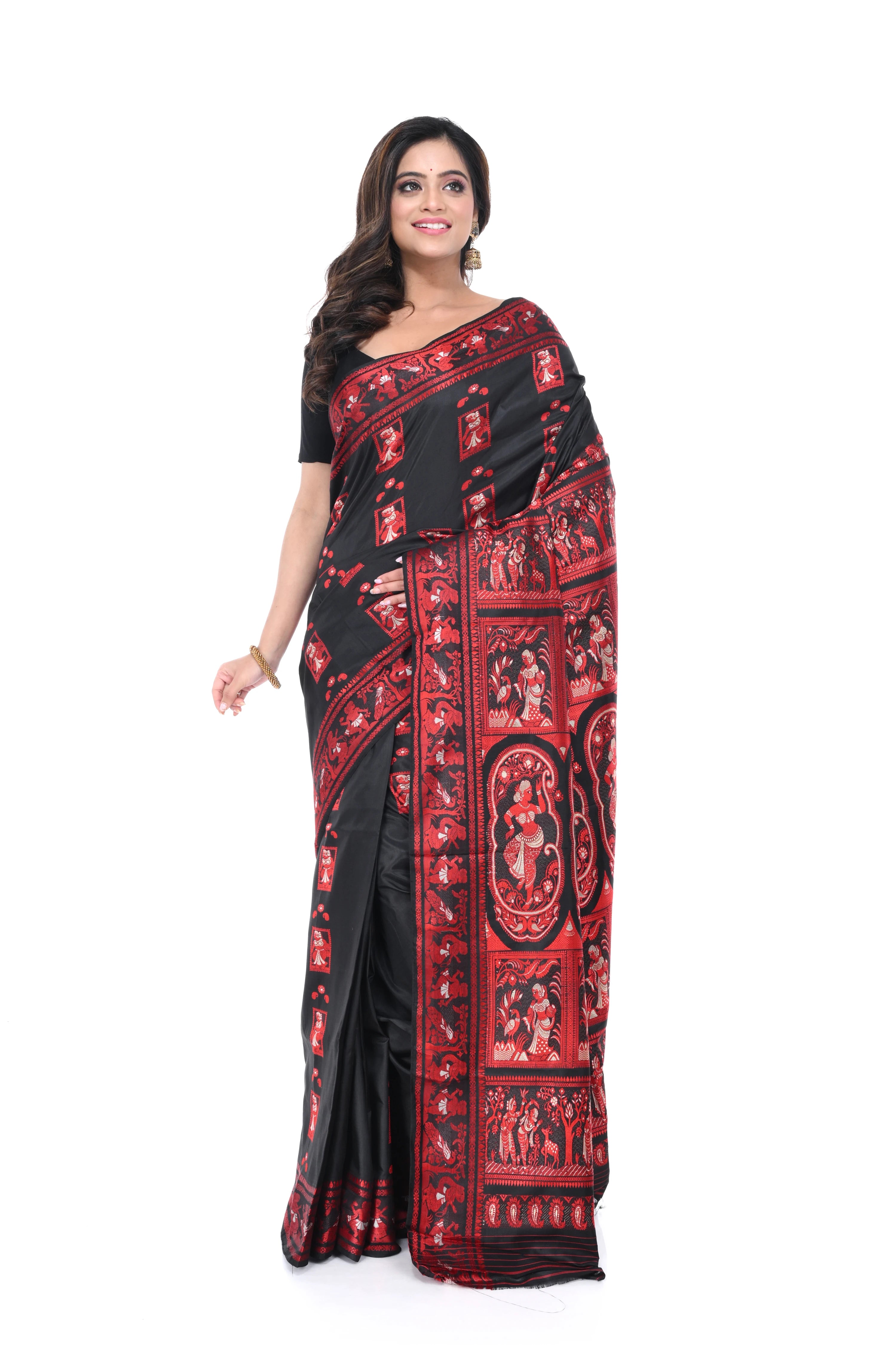 Pure Black & Red Baluchori Saree with Heavy Pallu