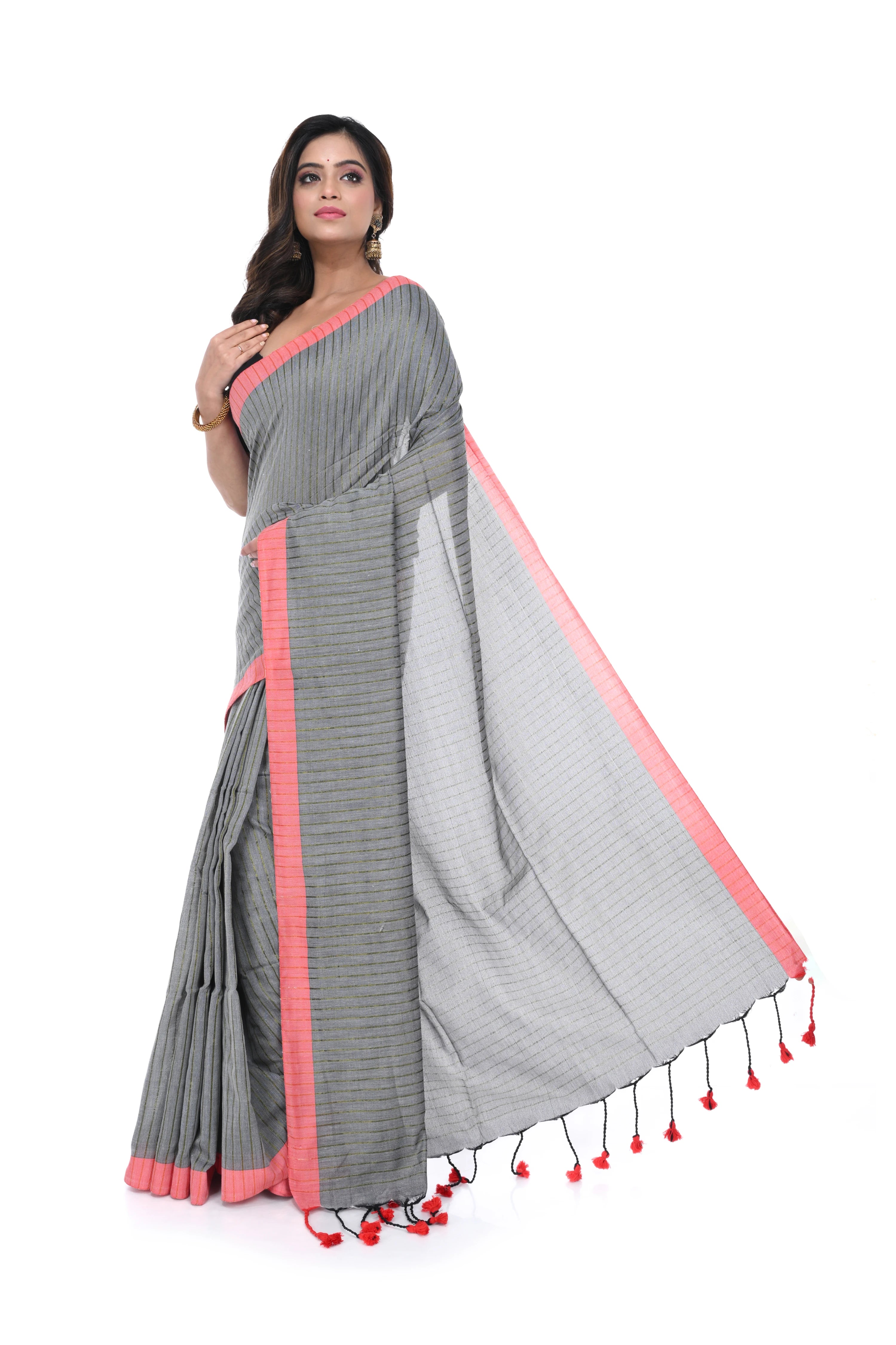 Ash & Red Handloom Cotton Saree