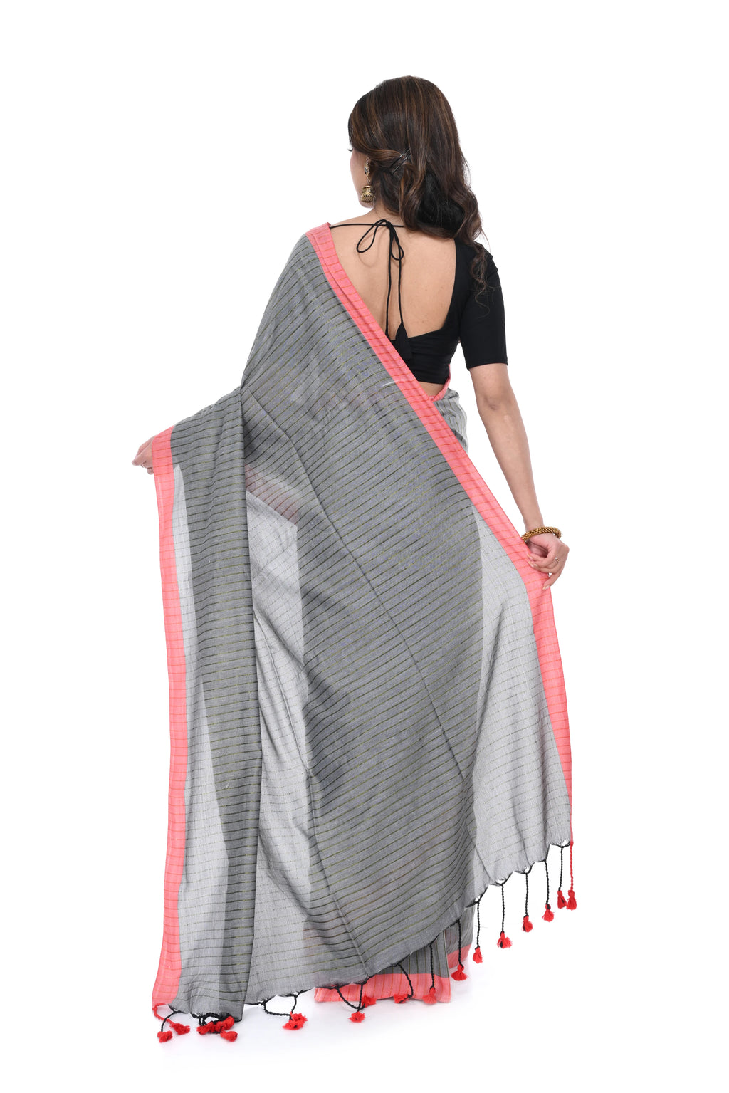 Ash & Red Handloom Cotton Saree