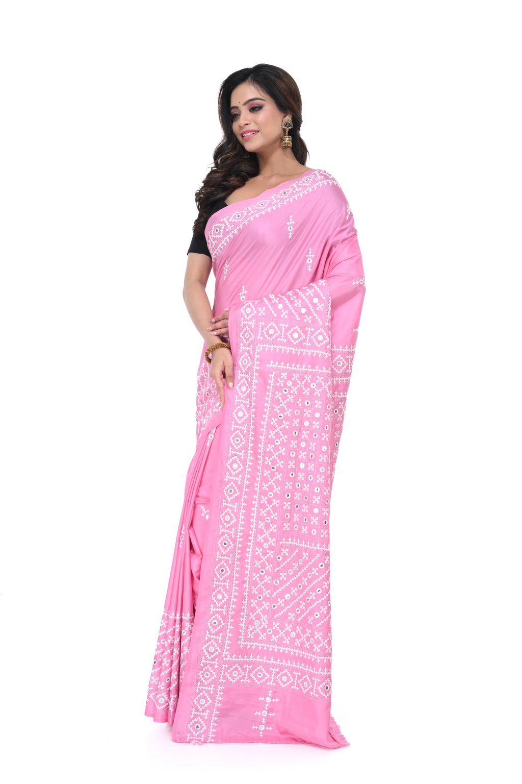 Baby Pink Bangalore Silk Saree with Gujarati Stitch Work