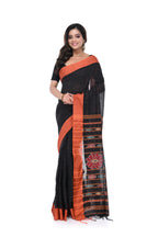 Black Cotton Handloom Saree with Orange Border & Kotki Motif Pallu
