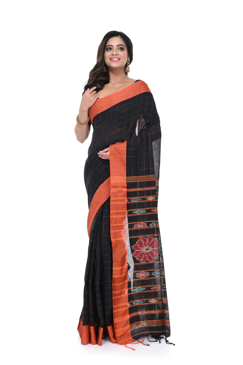 Black Cotton Handloom Saree with Orange Border & Kotki Motif Pallu