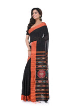 Black Cotton Handloom Saree with Orange Border & Kotki Motif Pallu