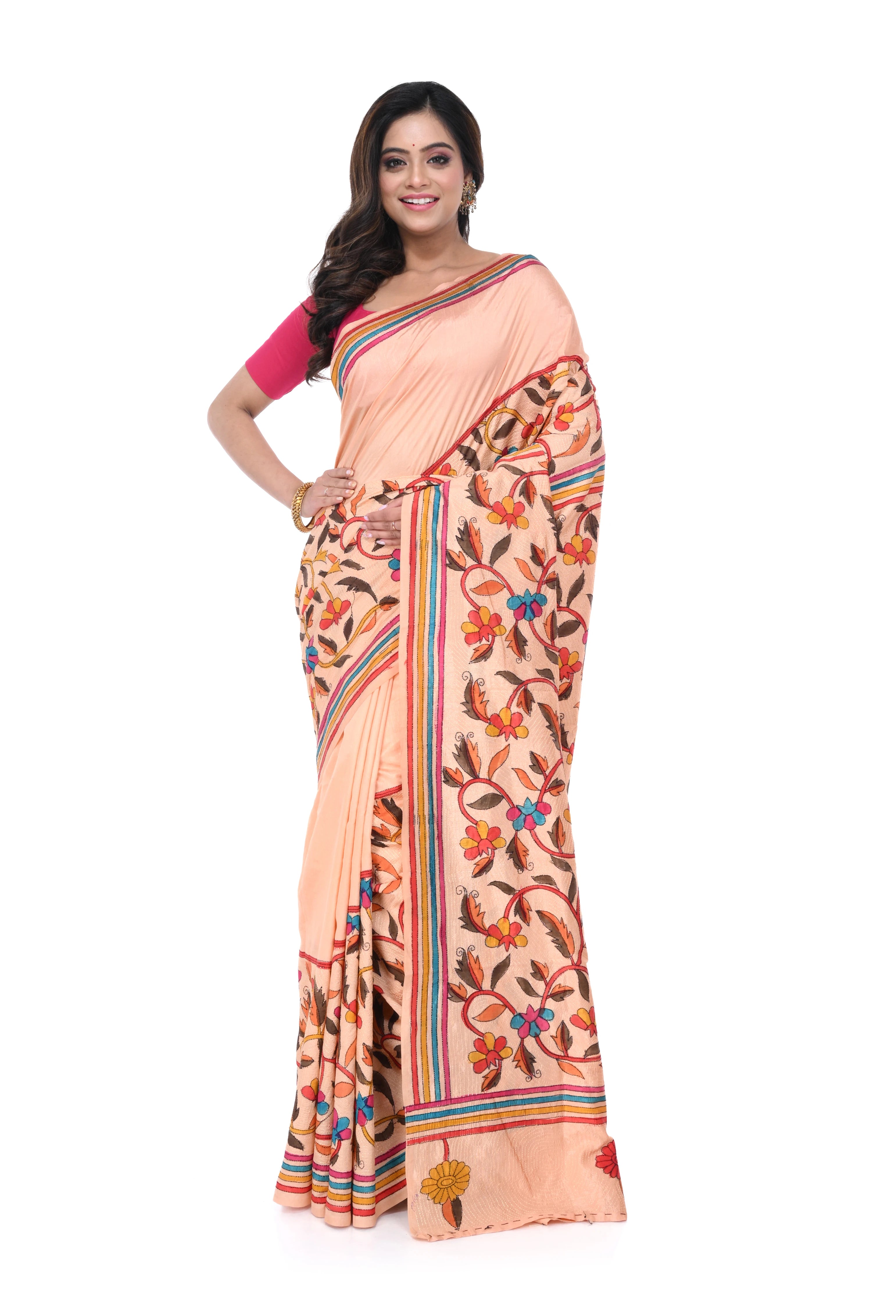 Peach Art Silk Saree with Corner - to - Corner Kantha Work