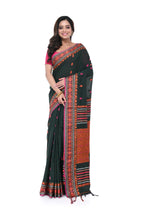 Deep Green Handloom Saree with Orange Border & Body Buta