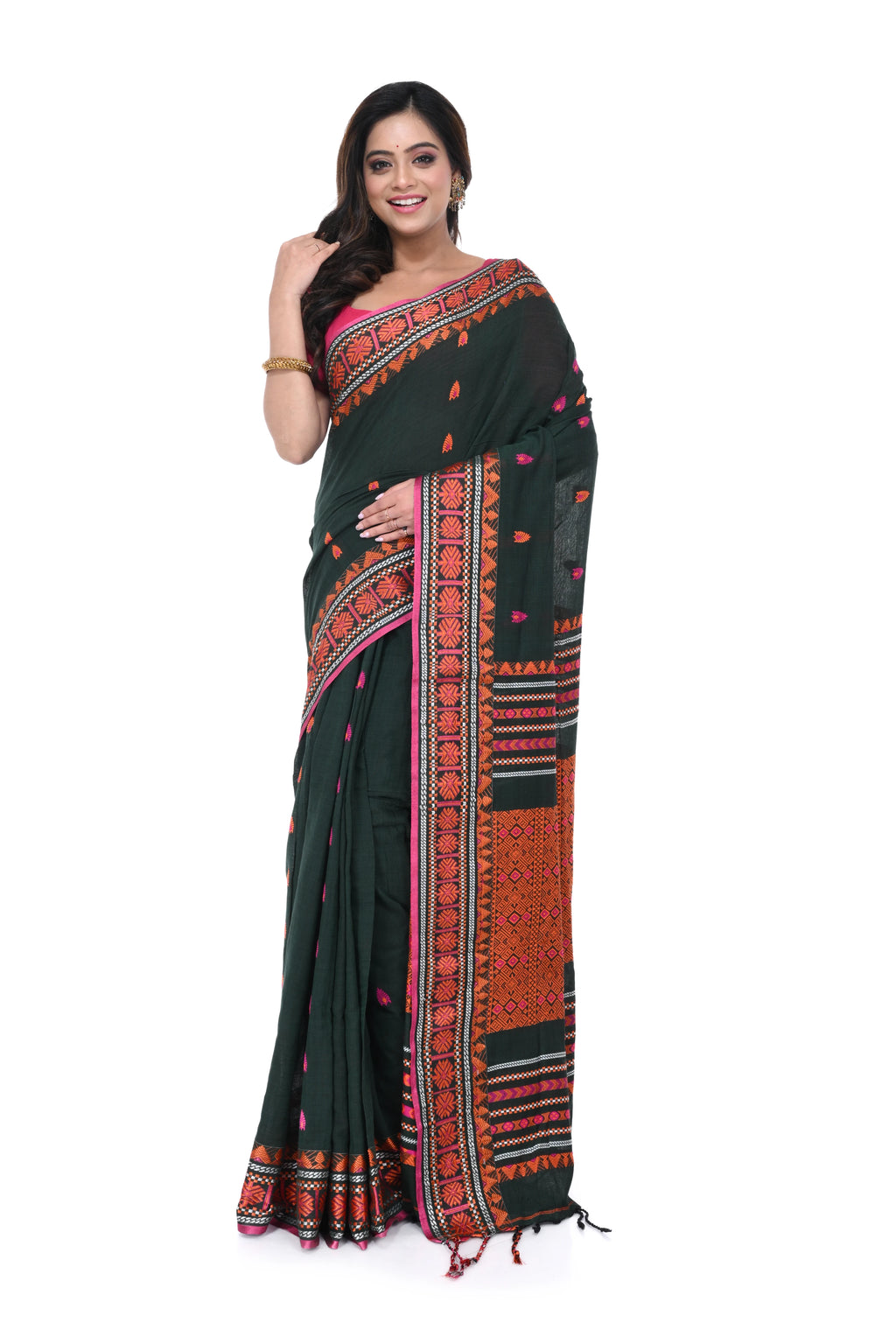 Deep Green Handloom Saree with Orange Border & Body Buta