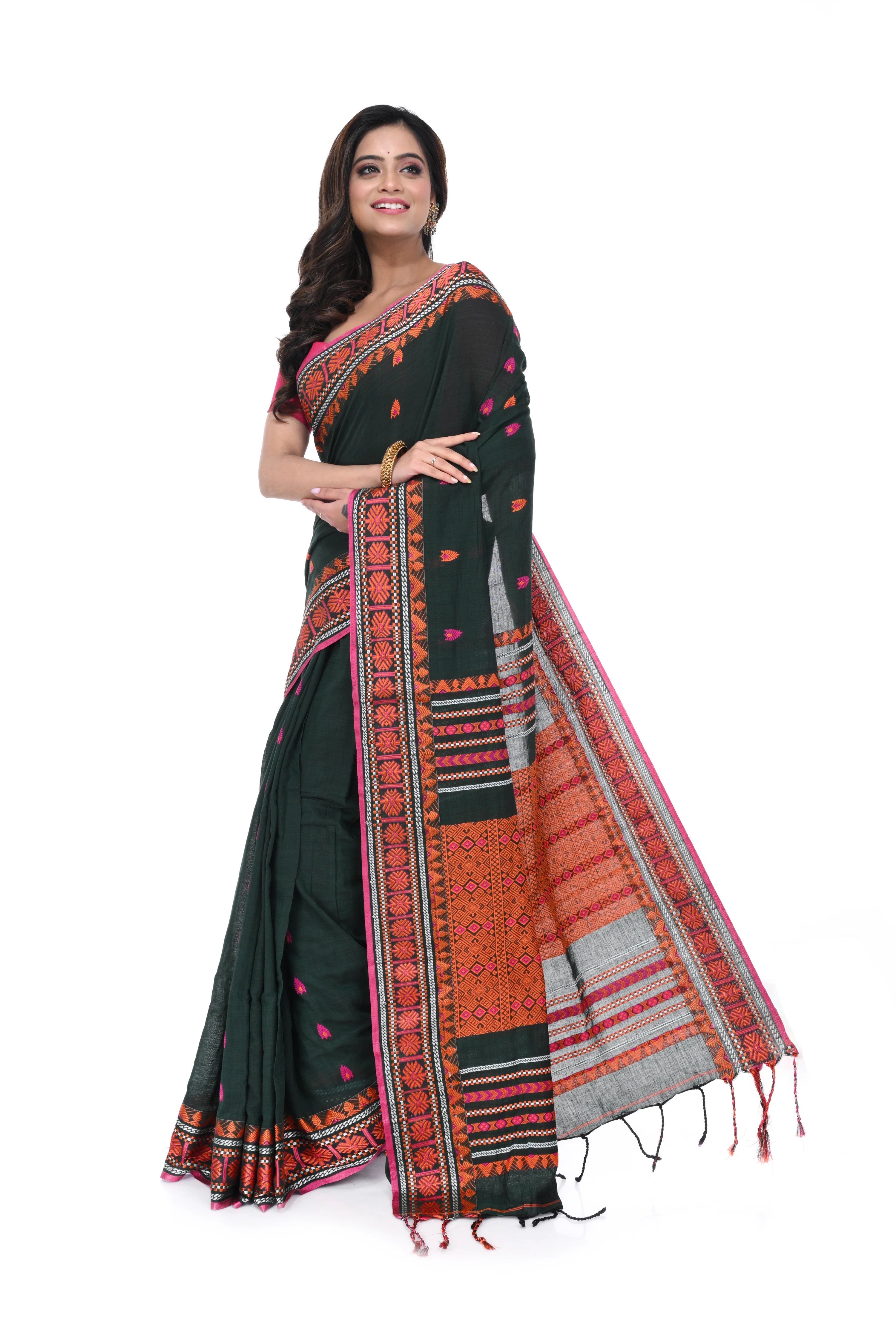 Deep Green Handloom Saree with Orange Border & Body Buta