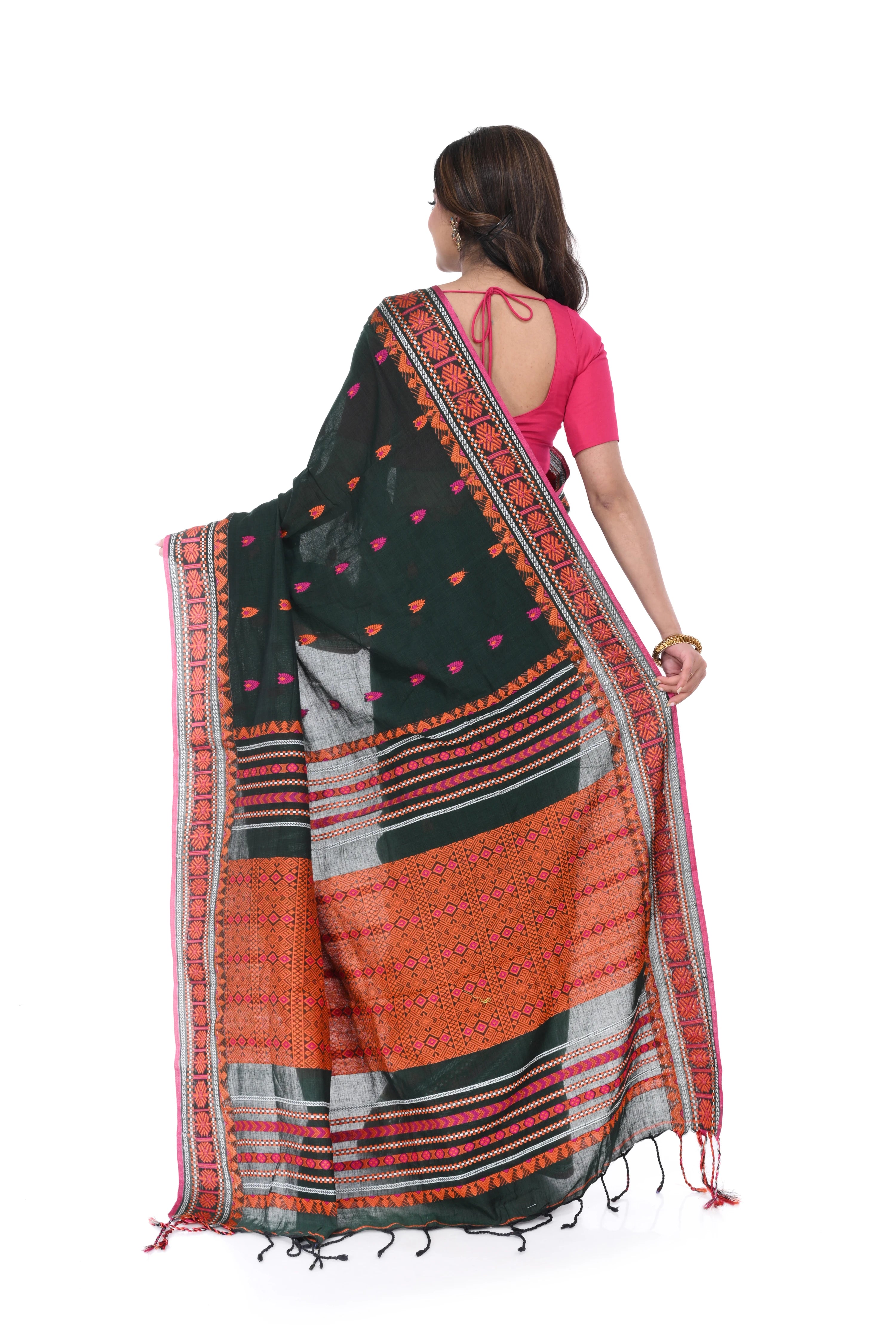 Deep Green Handloom Saree with Orange Border & Body Buta