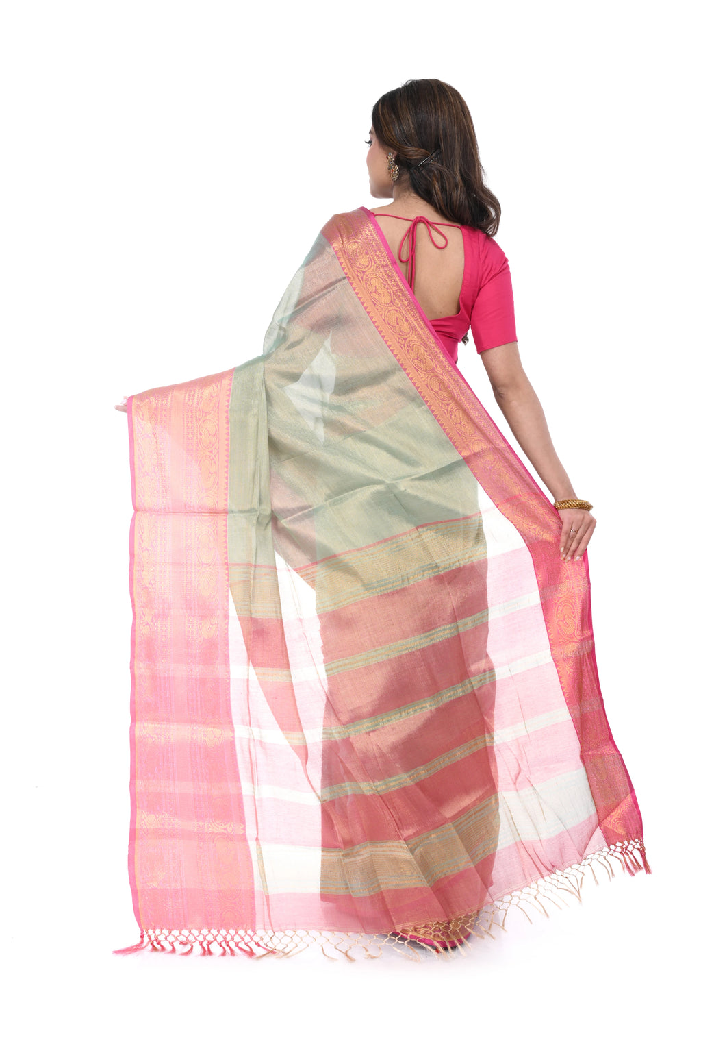 Silver - Golden Tissue Saree with Pink Border & Maha Par Pallu