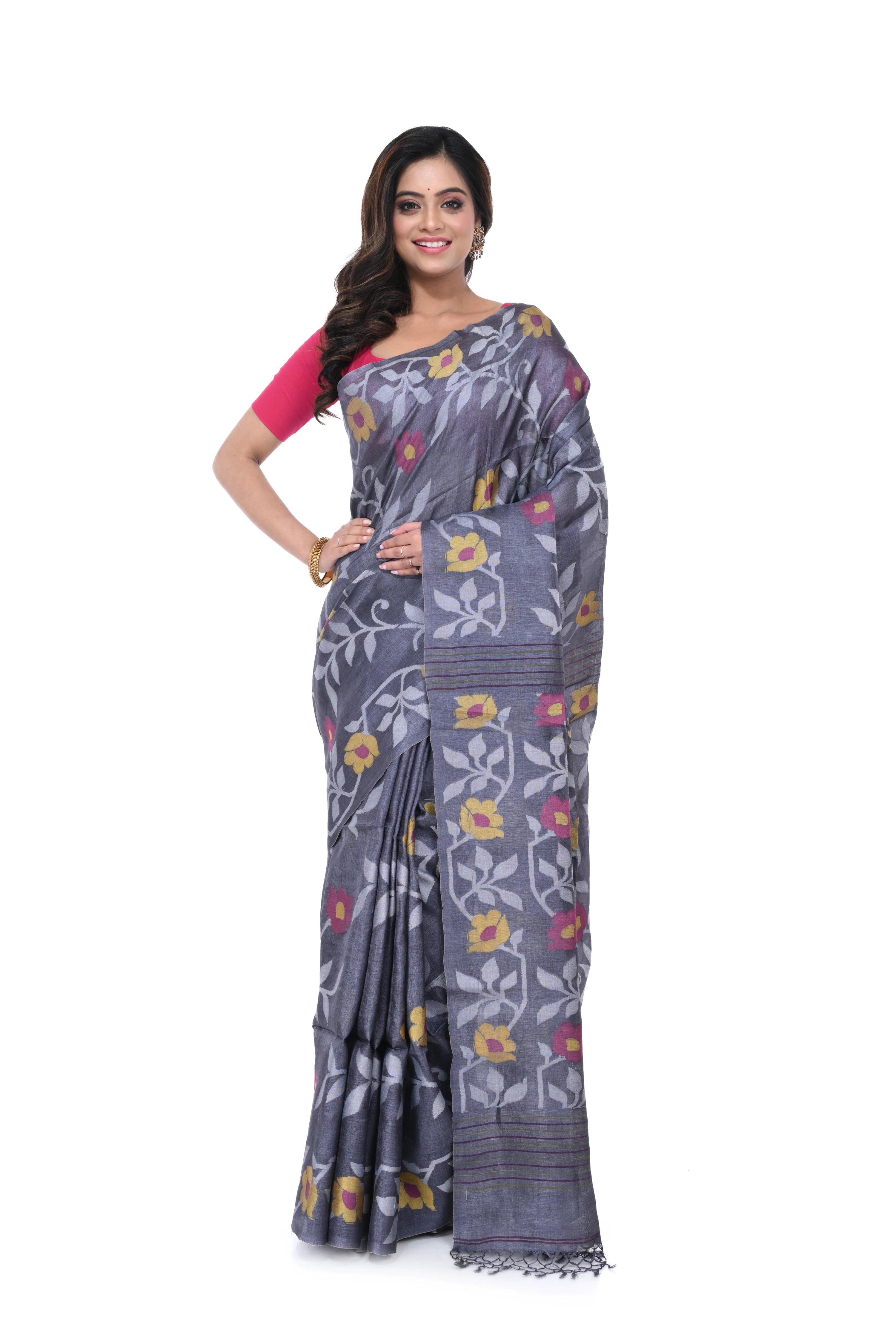 Silver Tussar Saree with Jamdani Work