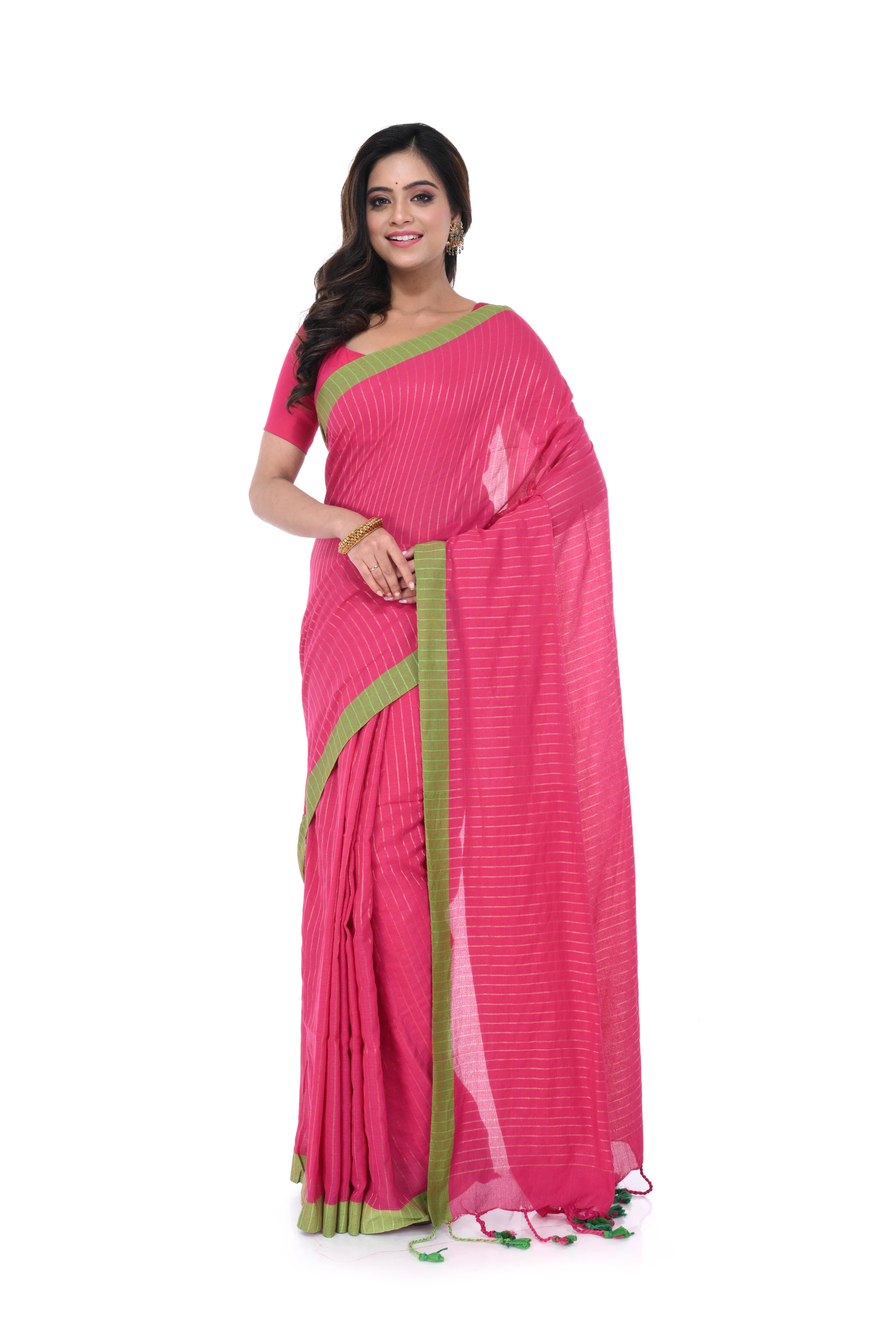 Red Handloom Saree with Green Border & Pompom Pallu