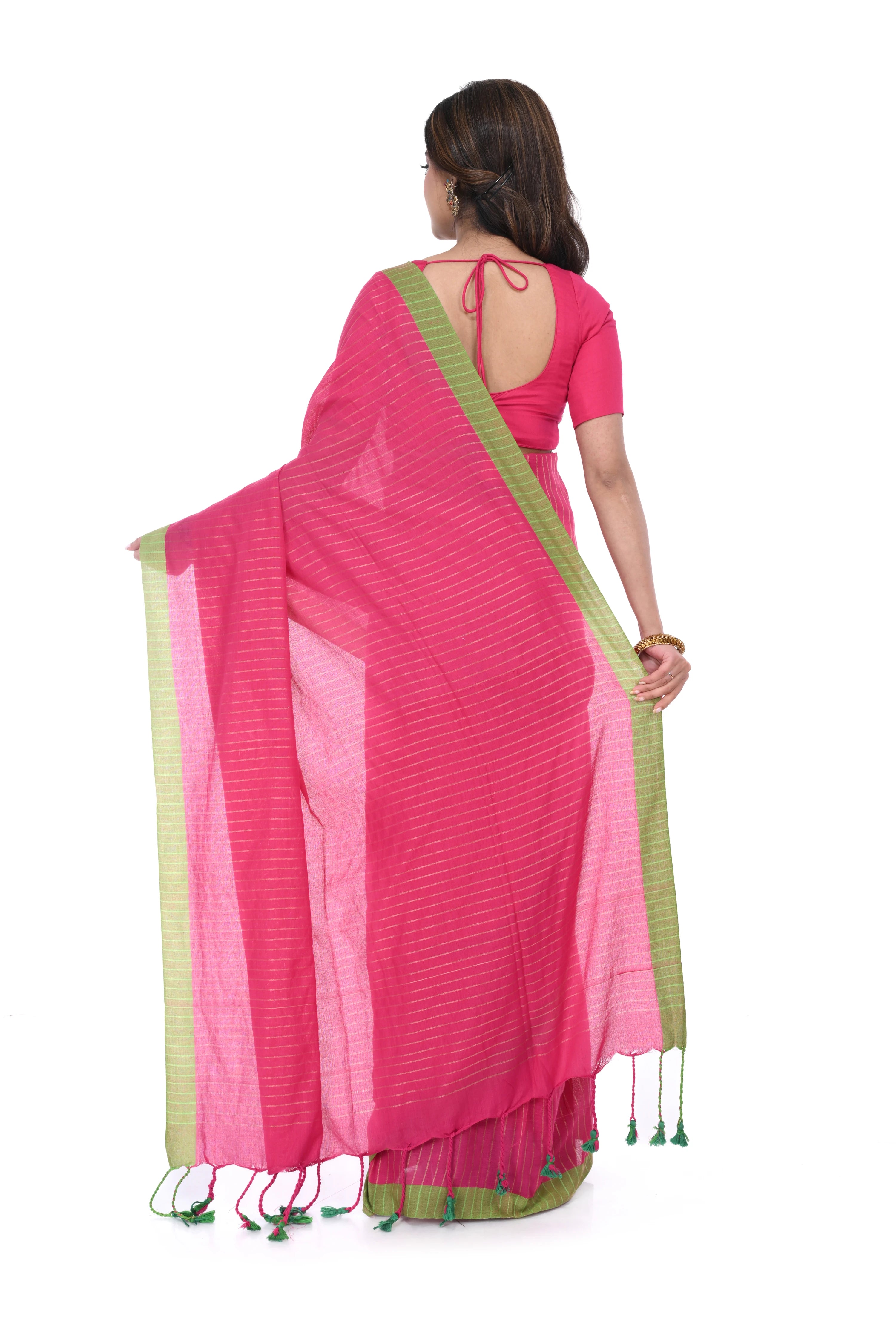 Red Handloom Saree with Green Border & Pompom Pallu