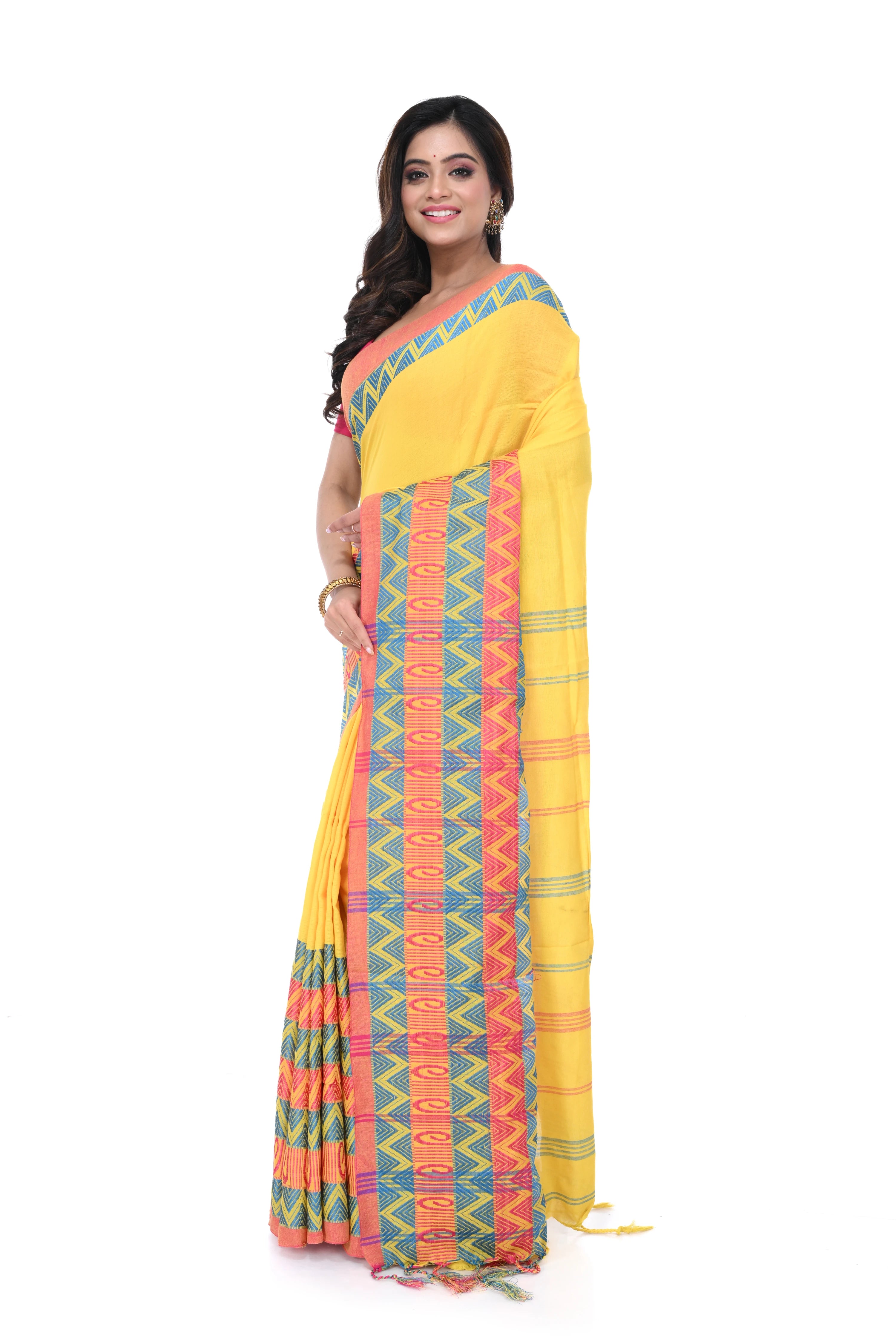 Yellow Handloom Saree with Multicolour Big Border