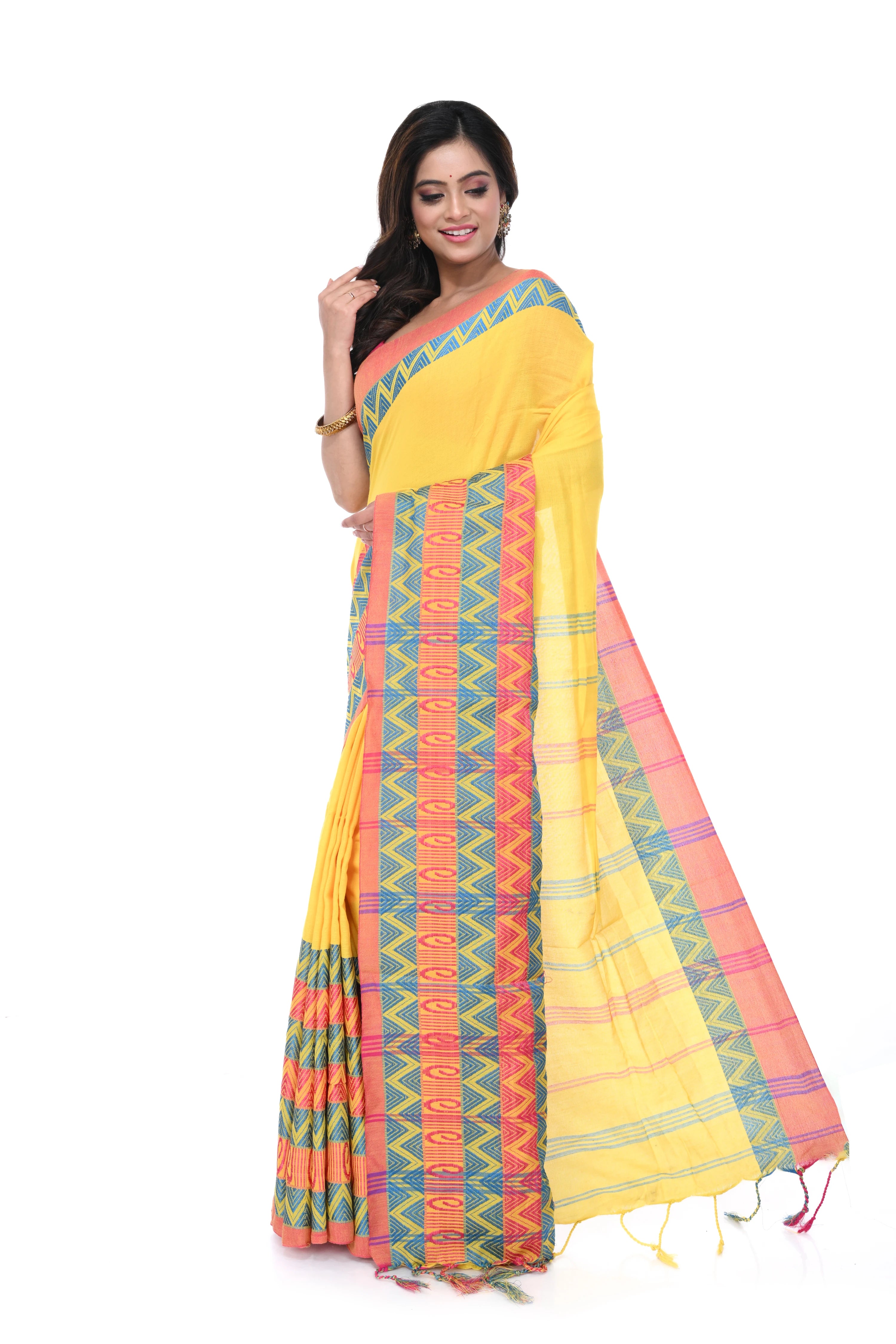 Yellow Handloom Saree with Multicolour Big Border