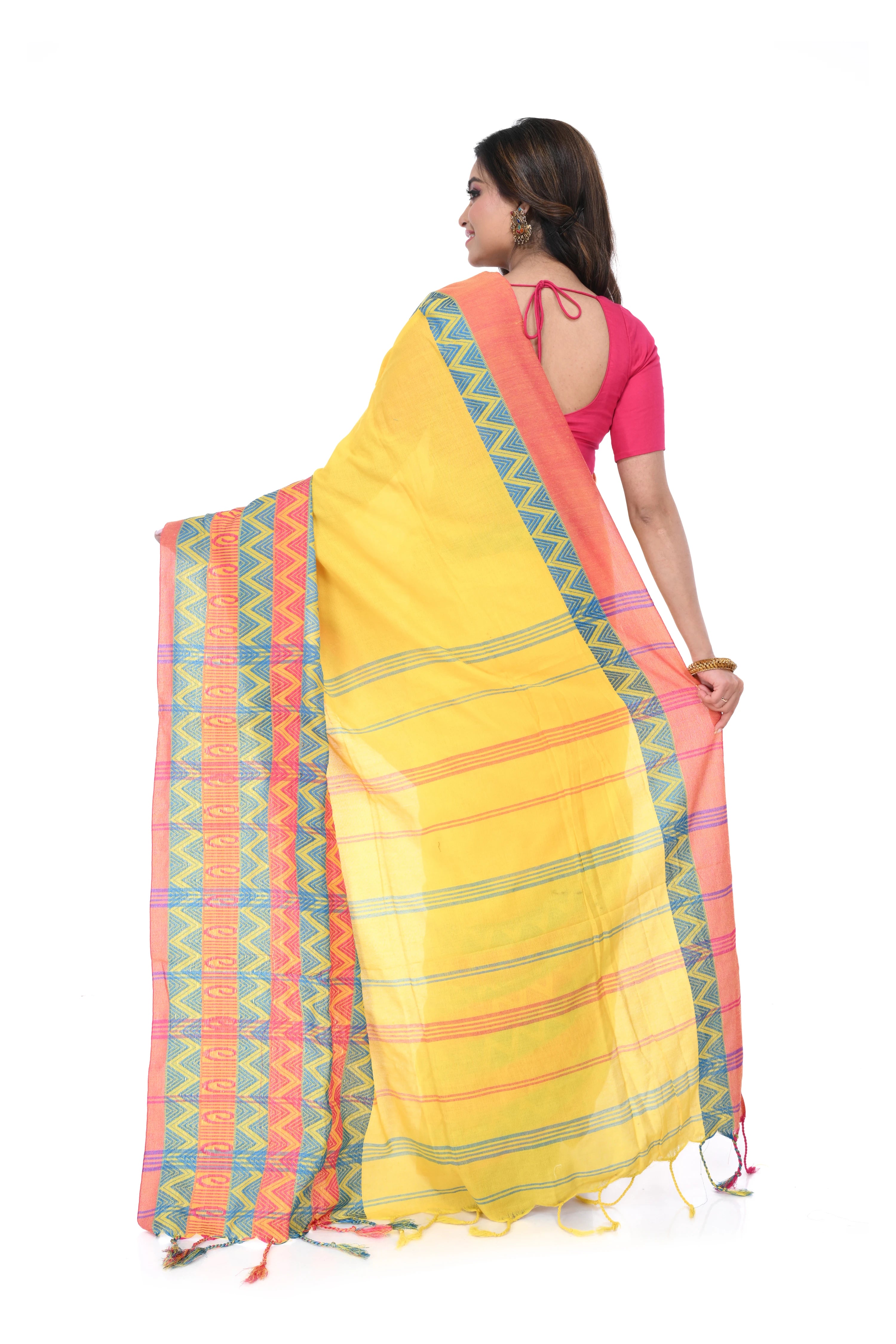 Yellow Handloom Saree with Multicolour Big Border