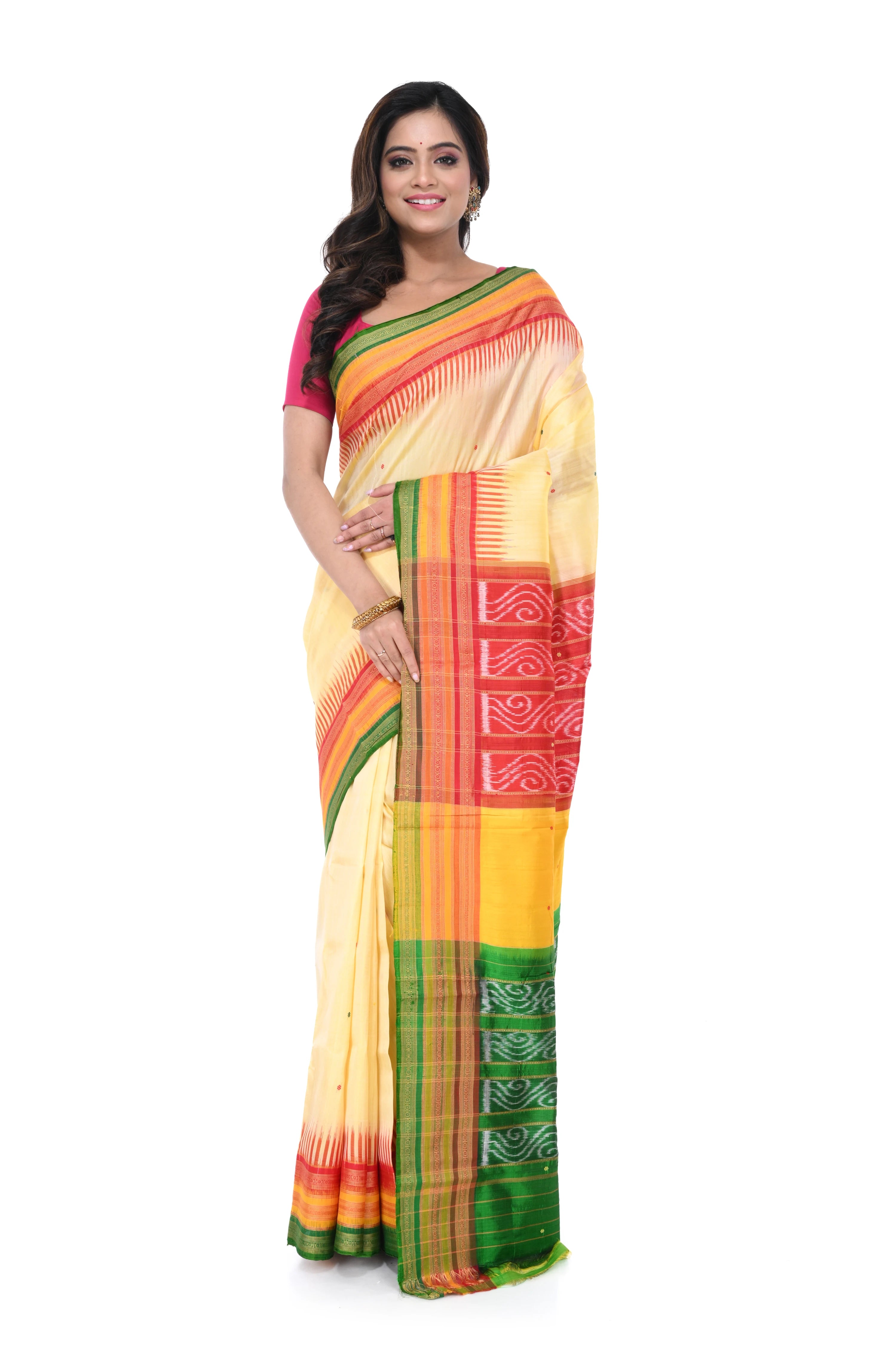 Cream Khandua Silk Saree with Tri - Colour Pallu & Border