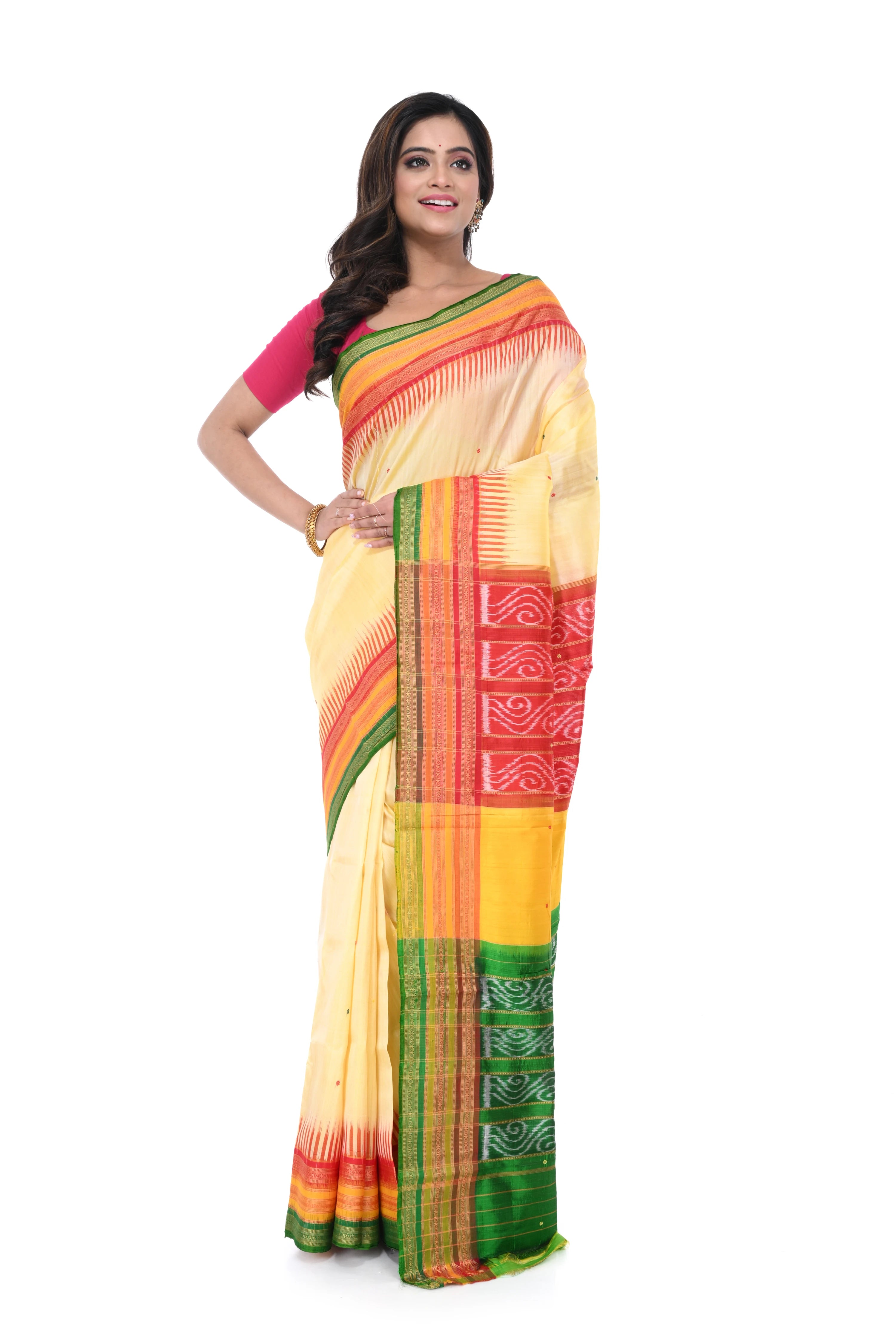 Cream Khandua Silk Saree with Tri - Colour Pallu & Border