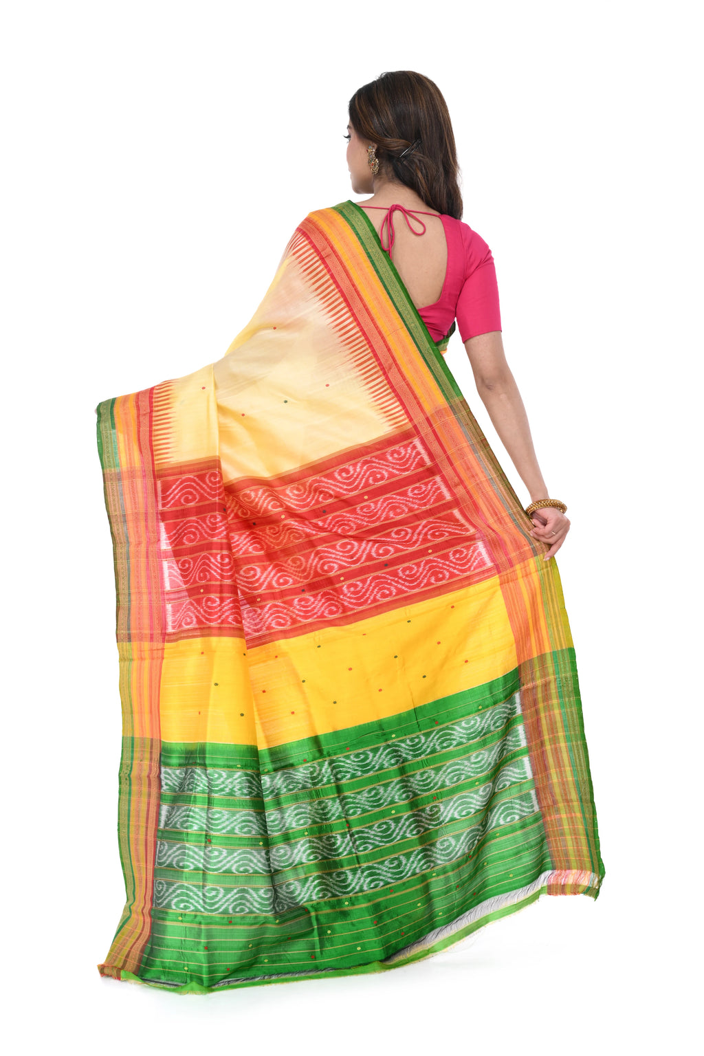 Cream Khandua Silk Saree with Tri - Colour Pallu & Border