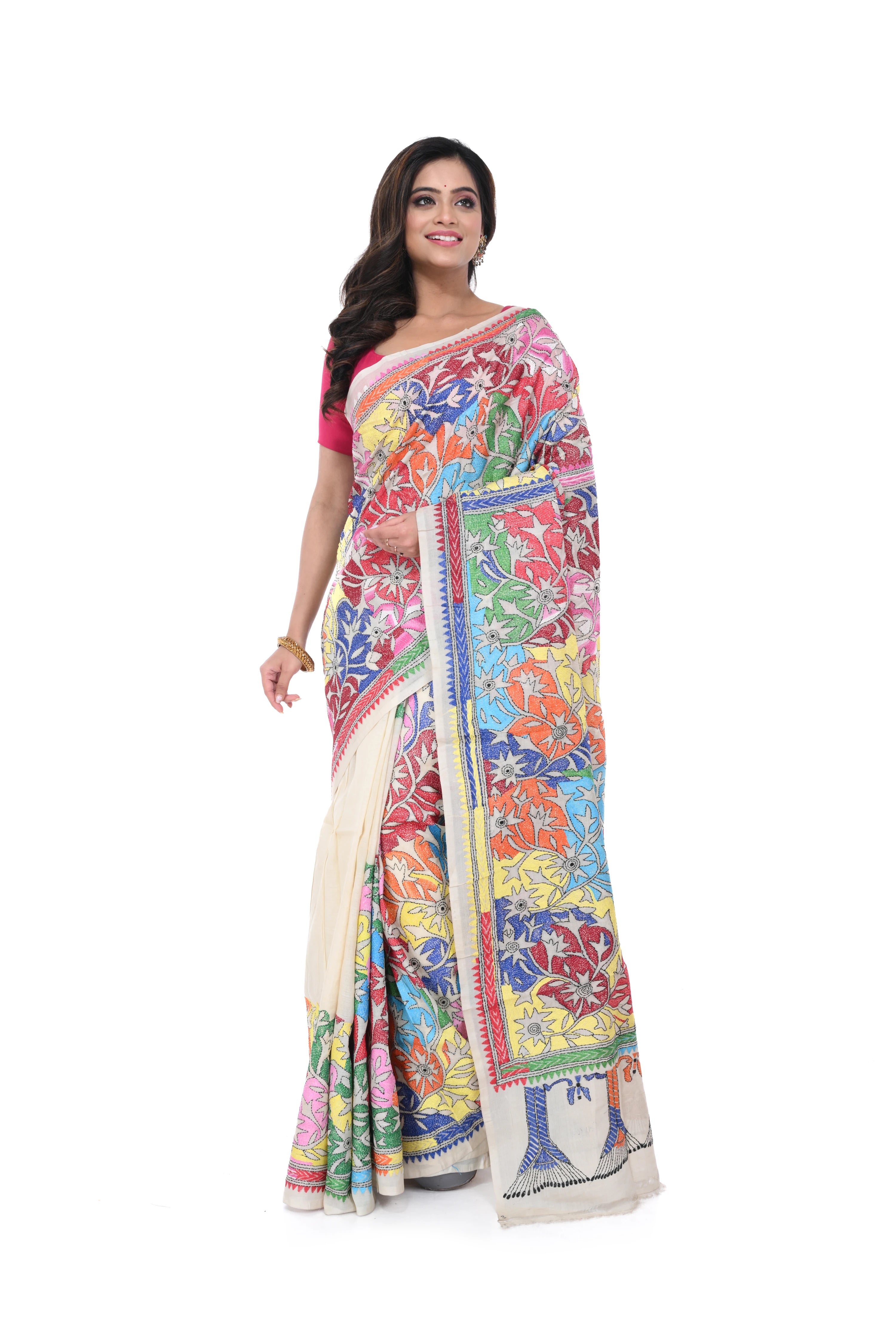 Reverse Kantha Pure Tussar Saree with Multicolour Floral Work