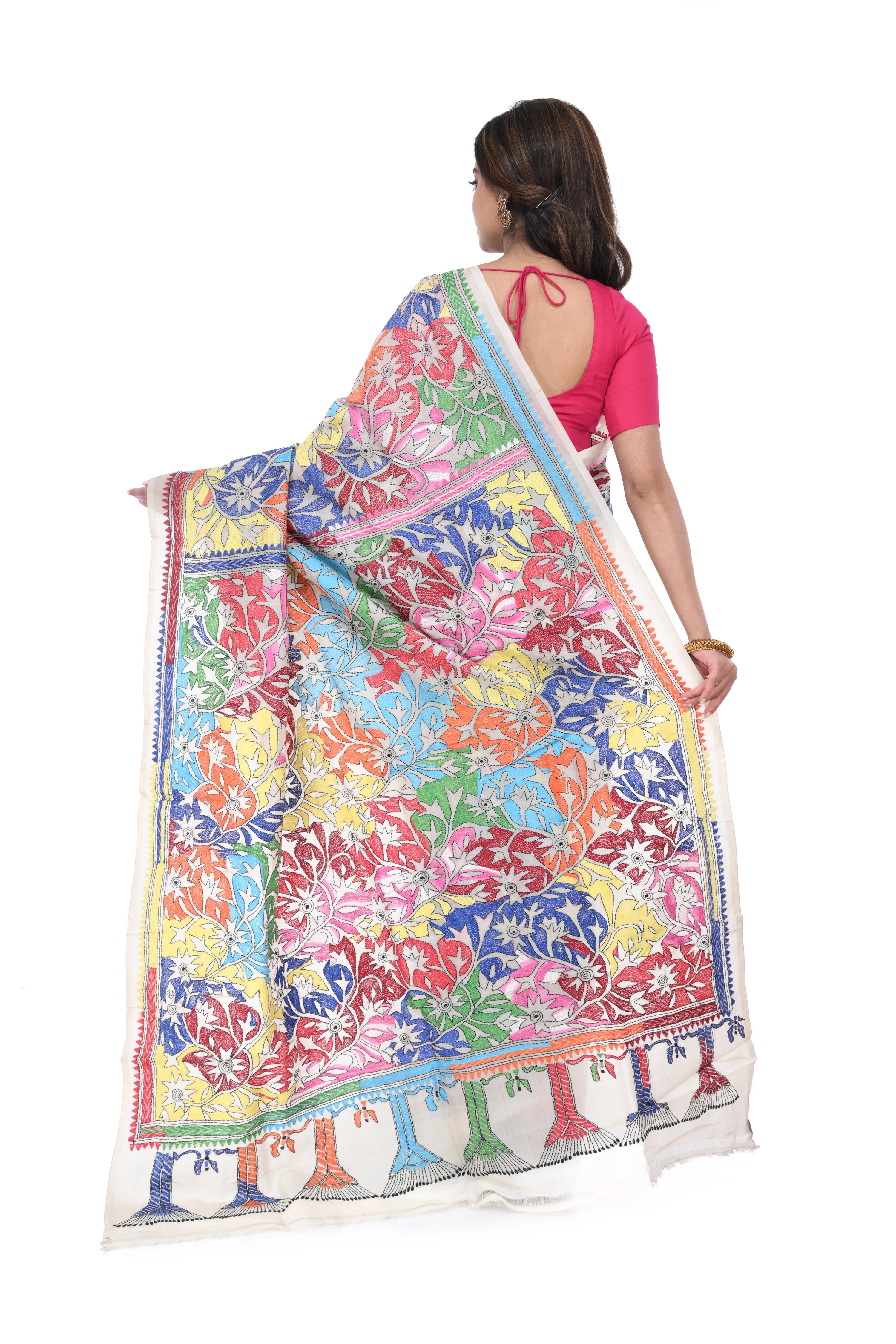 Reverse Kantha Pure Tussar Saree with Multicolour Floral Work