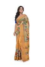 Golden Gachi Tussar Saree with Multicolour Kantha Work & Zari Border