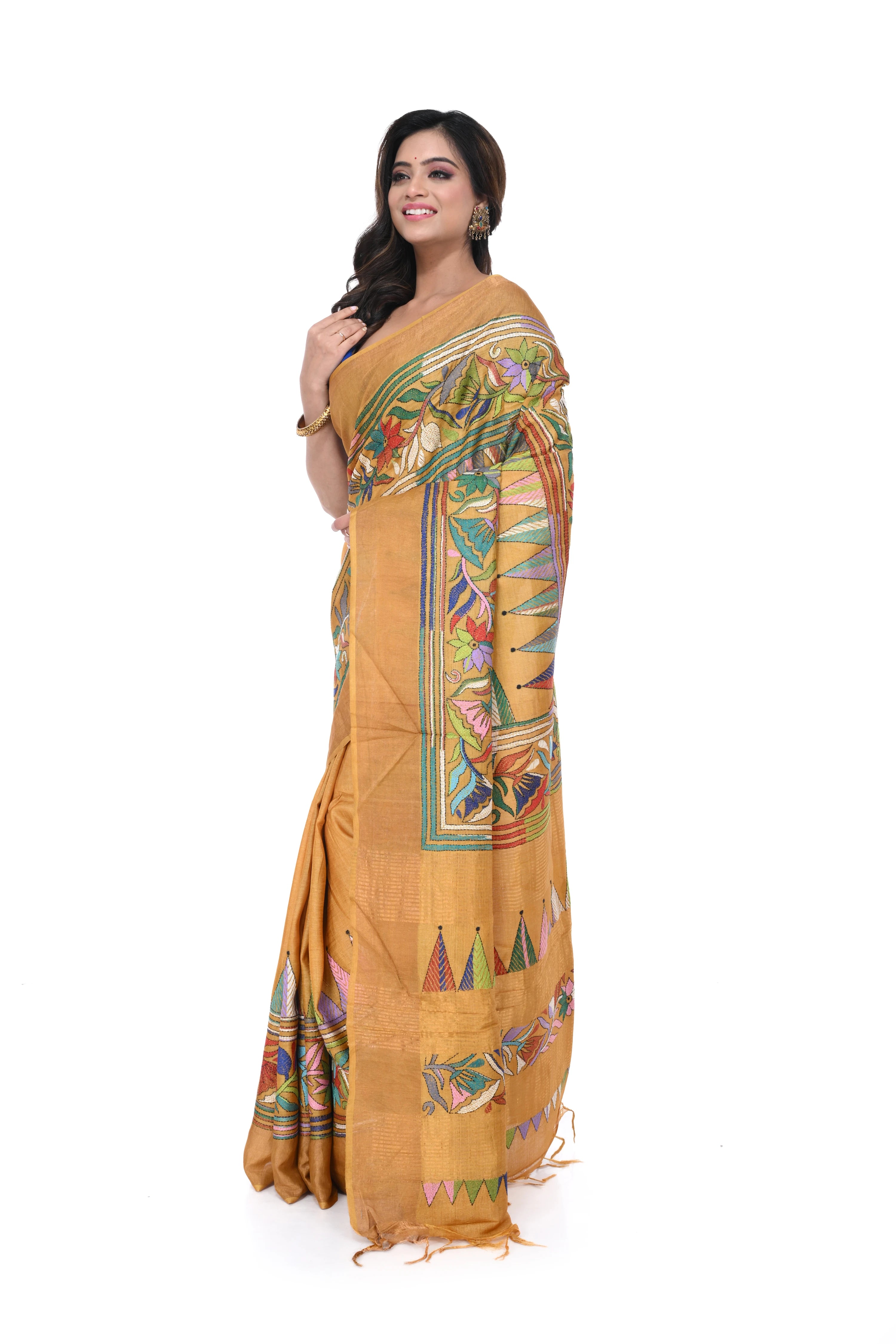 Golden Gachi Tussar Saree with Multicolour Kantha Work & Zari Border