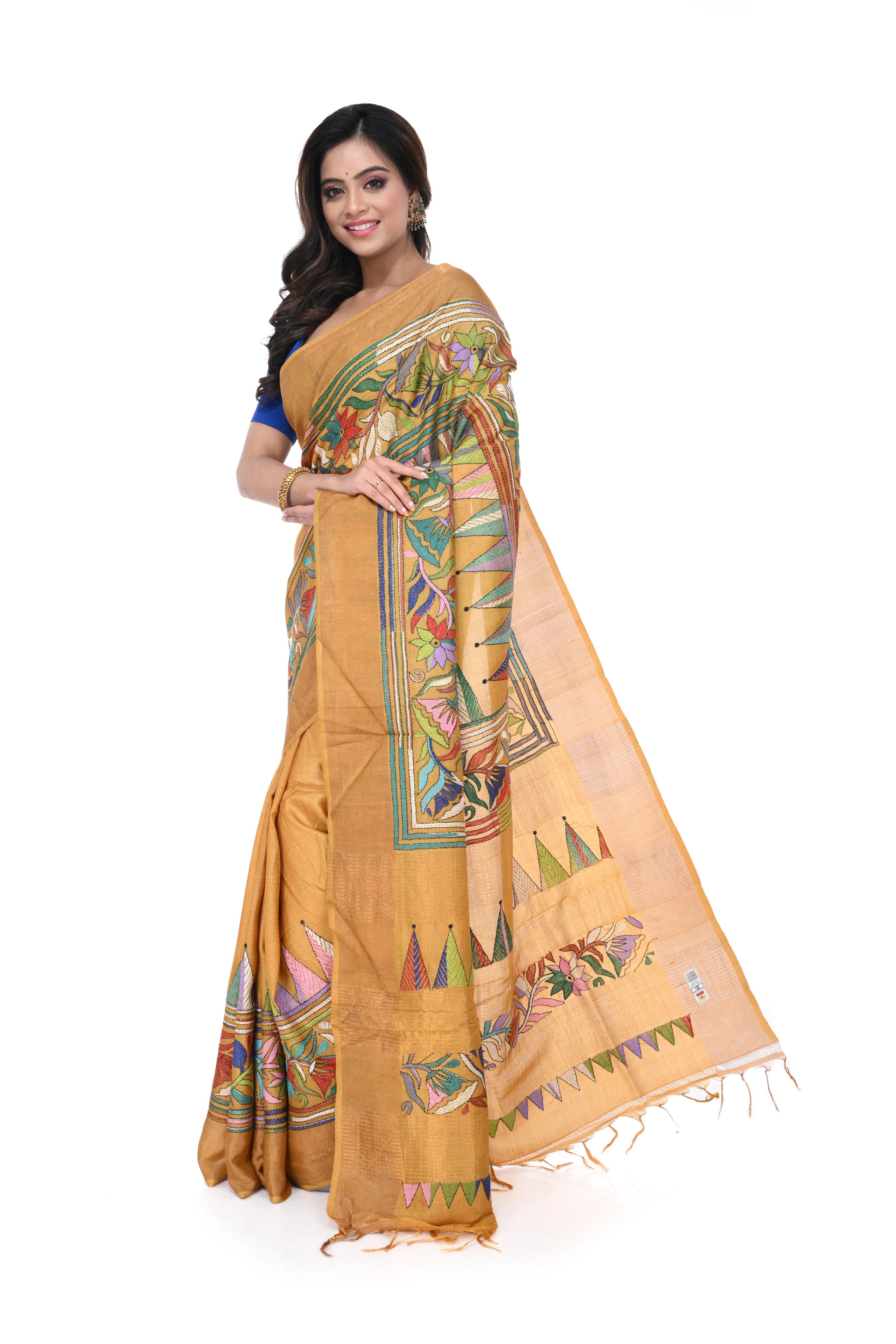 Golden Gachi Tussar Saree with Multicolour Kantha Work & Zari Border