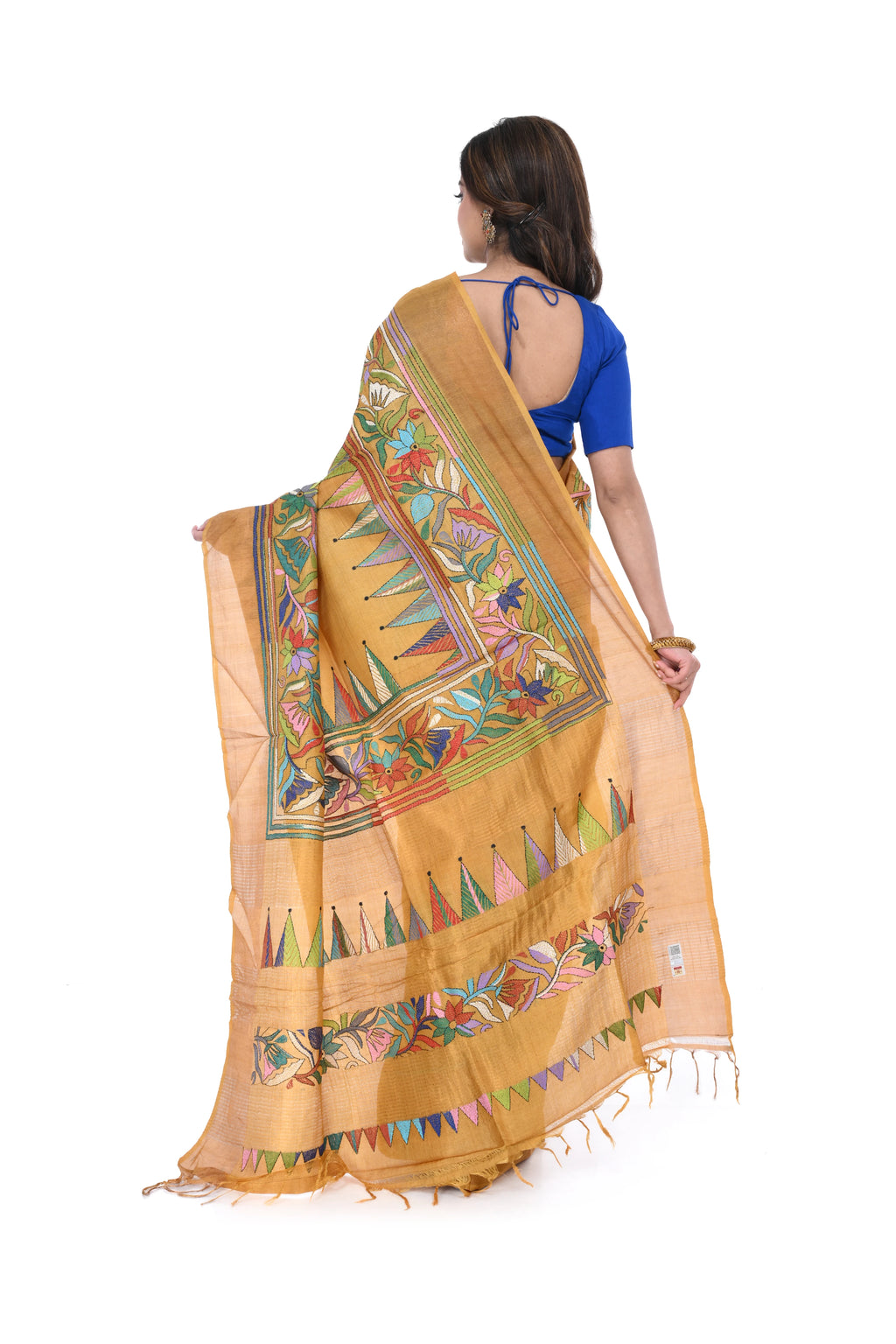 Golden Gachi Tussar Saree with Multicolour Kantha Work & Zari Border